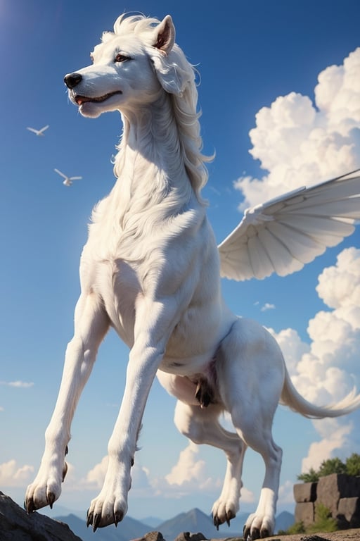 (masterpiece)), (best quality), (((16K, UHD))), a mythical creature with appearance of a white hound,((black face)) and has the ability to fly,blue sky