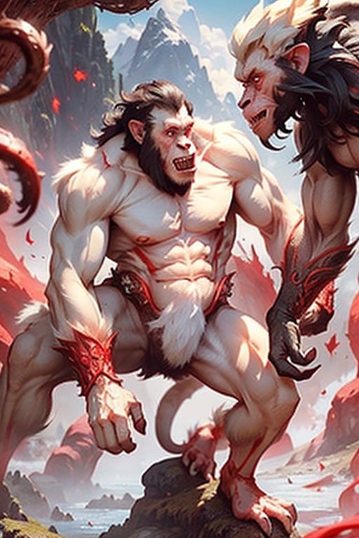 (masterpiece)), (best quality), (((16K, UHD))),
mythology, beasts dwelling in a mountain, ((white ape)),(aggressive), (((red feet))). Whenever these creatures appear in the human world, it is believed that war will occur.,suanni,(lion:0.6)