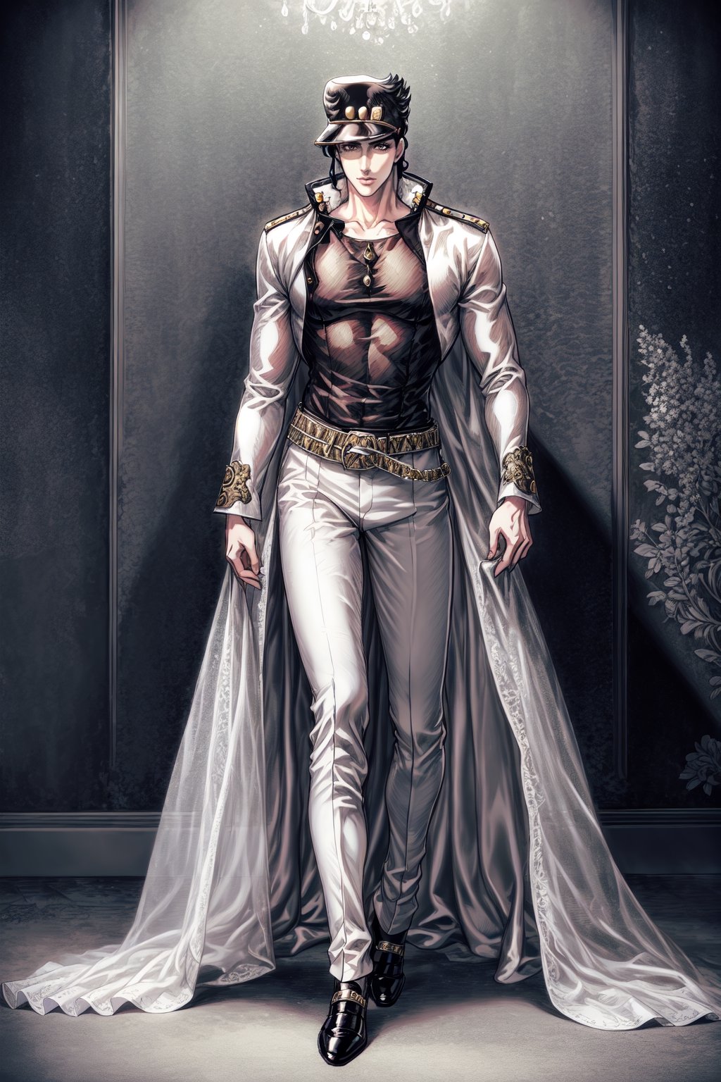 (Masterpiece, high quality, absurd work of art, Best quality, A high resolution, ultra detailed), detailed face, 1 man, Jotaro Kujo, Black hair, tial eyes, male body, male focus, white blouse, black trousers, shoes, Luxurious hall, Castle, military ball, kujo jotaro, full body 