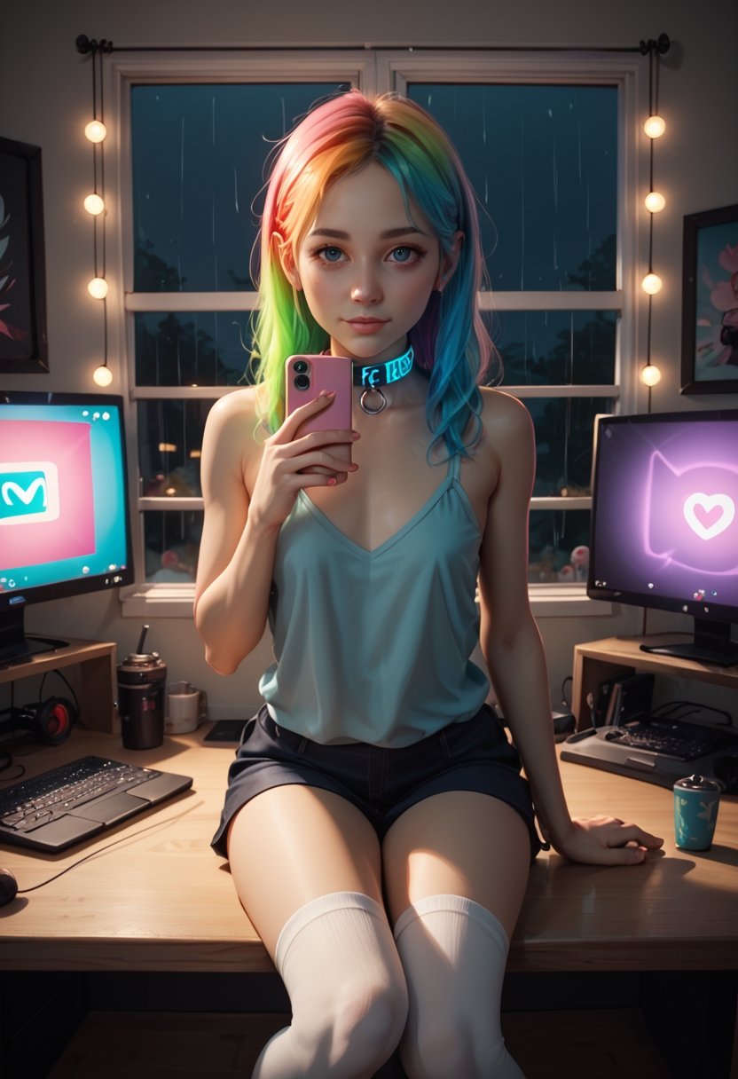 score_9_up, score_8_up, score_7_up, score_6_up, semi realistic, score_9, score_8_up, score_8, sexy 24 year old e-girl, colorful hair, sitting at computer station, gaming station, white thigh high socks, colorful collar, long slender body, long legs, posing for social media, tiktok, cute sexy pose, worried look on face, looking at viewer, pov camera, selfie, close on face, petite body, cute sexy pose, in a in front of a twitch streamer computer set, streamer, food on desk, window with view of night city, raindrops on window, rainy night, volumetric lighting, mood lighting, gaming computer in background, computer station, glowing computer monitor, neon lights, glowly lights, girly decorations on walls, dark cinematography, low lights, soft light, hazy soft light, stuffed animals, video games,masterpiece,anime,3D
