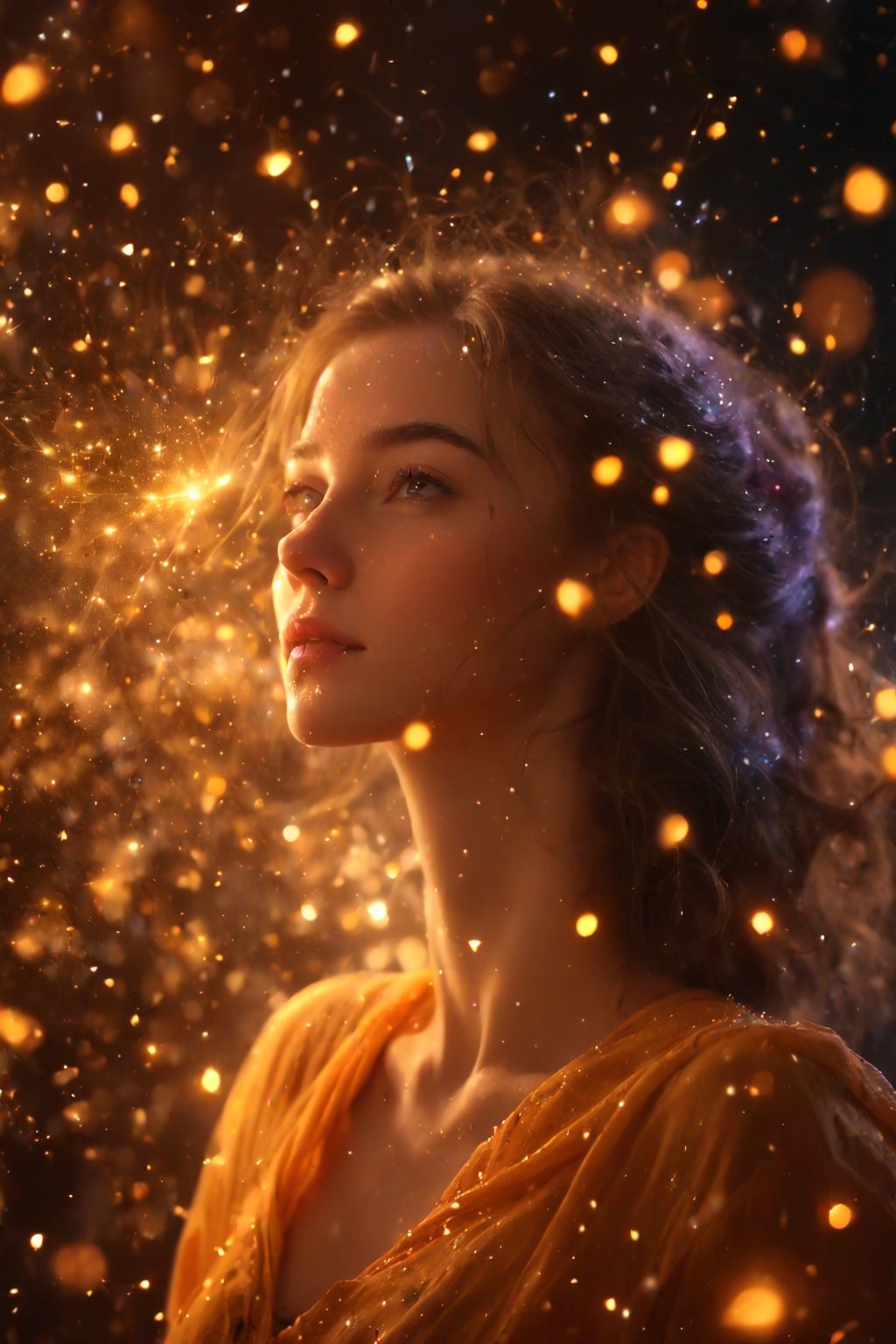 A magical photo of a 23 year old Russian woman,fill the image with splashes of vibrant-glowing-particles,Hyperrealistic art cinematic film still photography in the style of detailed hyperrealism photoshoot,trending on Artstation,masterpiece,perfect composition,
