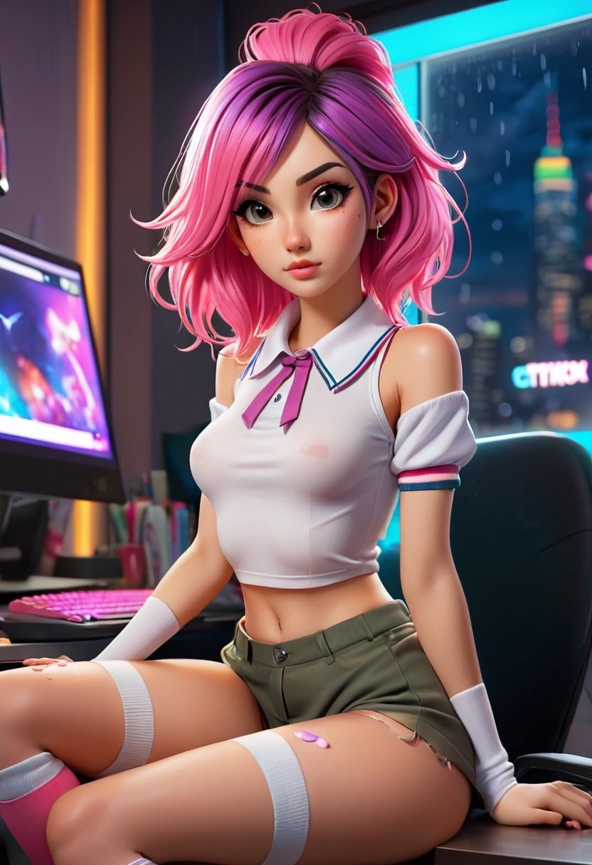 score_9_up, score_8_up, score_7_up, score_6_up, semi realistic, score_9, score_8_up, score_8, sexy 24 year old e-girl, colorful hair, sitting at computer station, gaming station, skimpy colorful clothes, tiny skimpy short, white thigh high socks, colorful collar, long slender body, long legs, posing for social media, tiktok, cute sexy pose, worried look on face, looking at viewer, pov camera, selfie, close on face, showing lots of skin, small breasts, petite body, cute sexy pose, in a in front of a twitch streamer computer set, streamer, food on desk, window with view of night city, raindrops on window, rainy night, volumetric lighting, mood lighting, gaming computer in background, computer station, glowing computer monitor, neon lights, glowly lights, girly decorations on walls, dark cinematography, low lights, soft light, hazy soft light, stuffed animals, video games,