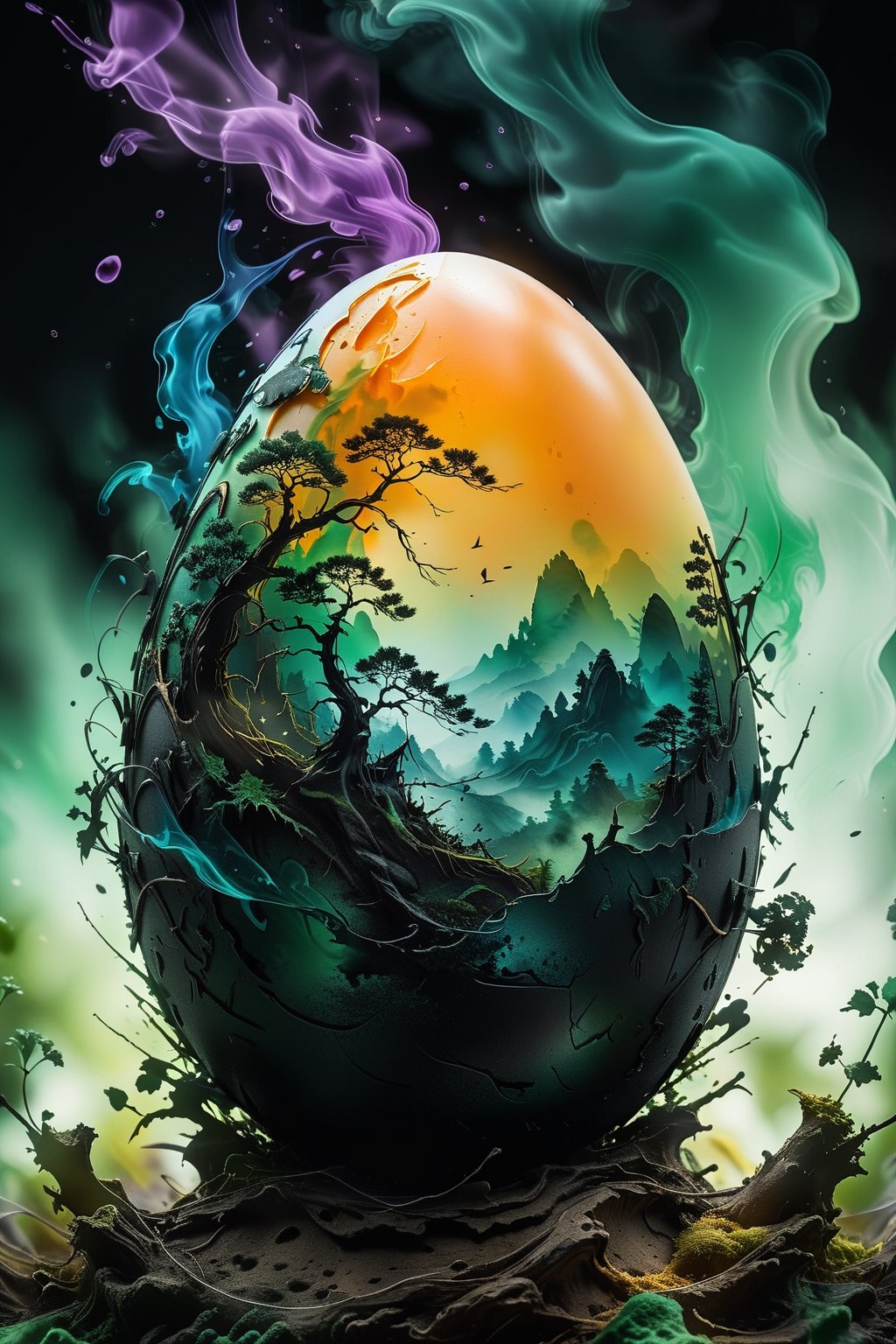 "Digital fantasy double exposure silhouetted an egg Illustration of a EASTEREGG, Stylized watercolor art, Intricate, Complex contrast, HDR, Sharp, soft Cinematic Volumetric lighting, verdant fractal colours, wide long shot, perfect masterpiece 8k resolution" hyperrealistic-art-4end,ink,smoke,ink smoke,ink smoke background,anime,anime black line,3D