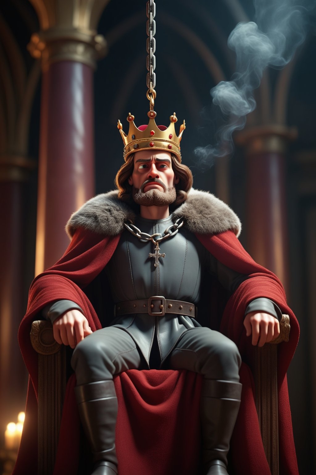king chained to medium-sized throne sitting in a great hall BREAK Sword of Damocles hanging over the king's head BREAK death hanging by a thread, danger, brilliant colors, unfocused dark smoky background, sheen, chiaroscuro, smoke, blood,3D