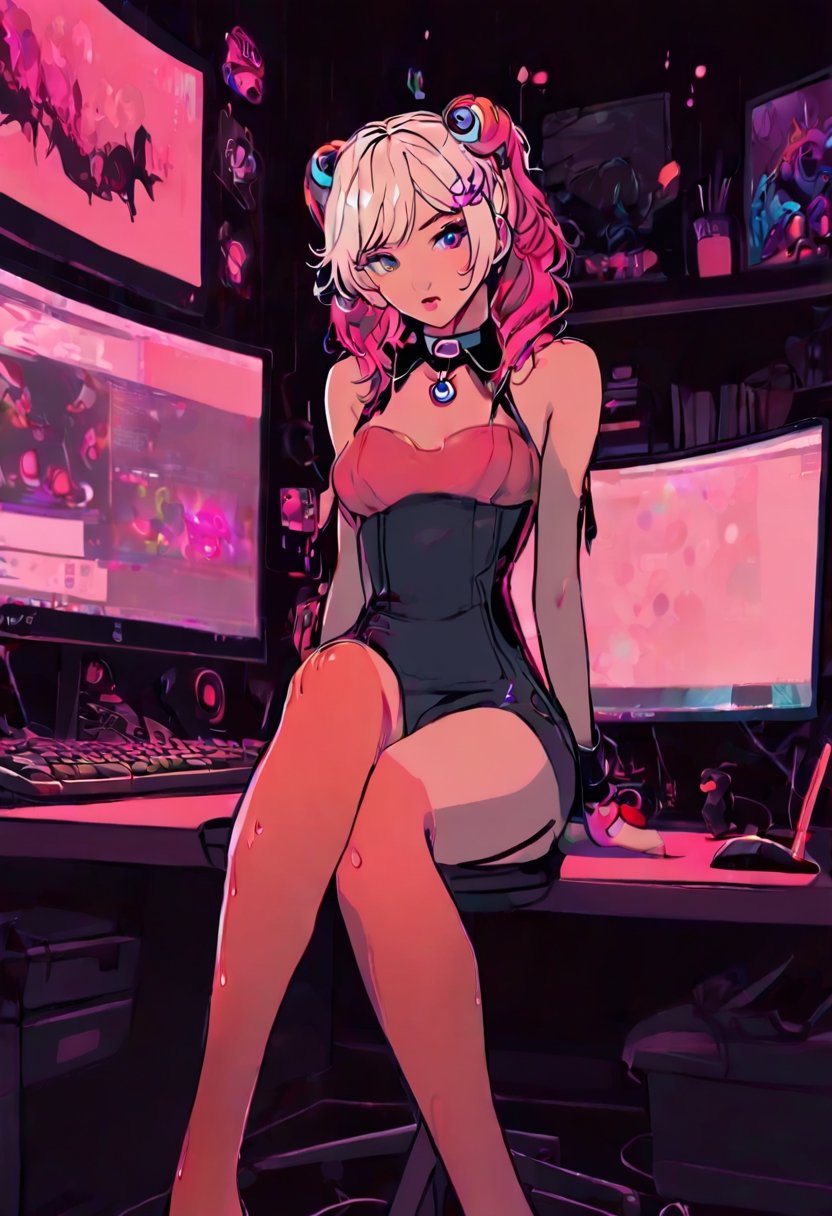 score_9_up, score_8_up, score_7_up, score_6_up, semi realistic, score_9, score_8_up, score_8, sexy 24 year old e-girl, colorful hair, sitting at computer station, gaming station, skimpy colorful clothes, tiny skimpy short, white thigh high socks, colorful collar, long slender body, long legs, posing for social media, tiktok, cute sexy pose, worried look on face, looking at viewer, pov camera, selfie, close on face, showing lots of skin, small breasts, showing pussy, breasts exposed, petite body, cute sexy pose, in a in front of a twitch streamer computer set, streamer, food on desk, window with view of night city, raindrops on window, rainy night, volumetric lighting, mood lighting, gaming computer in background, computer station, glowing computer monitor, neon lights, glowly lights, girly decorations on walls, dark cinematography, low lights, soft light, hazy soft light, stuffed animals, video games,3D