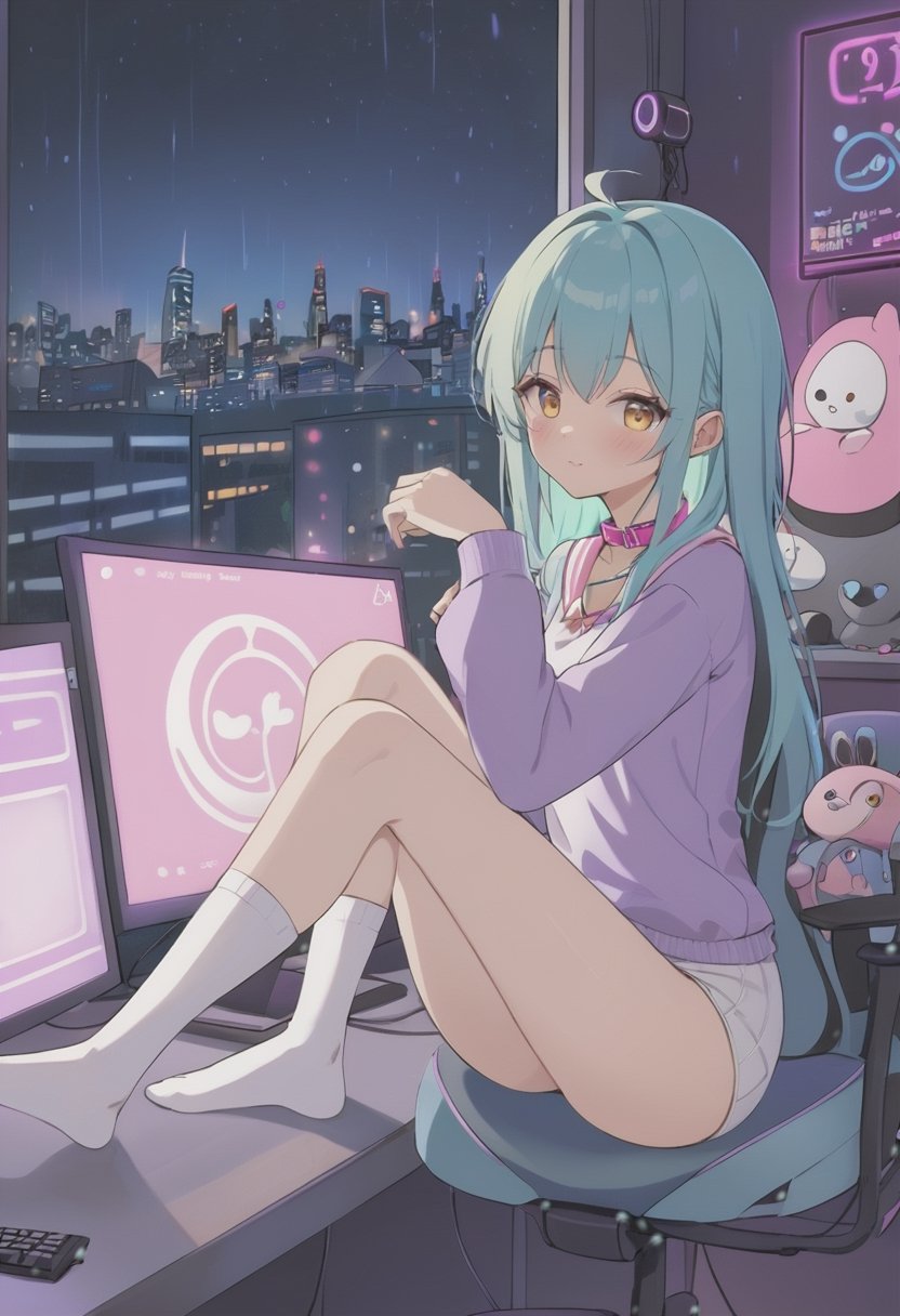 score_9_up, score_8_up, score_7_up, score_6_up, semi realistic, score_9, score_8_up, score_8, sexy 24 year old e-girl, colorful hair, sitting at computer station, gaming station, white thigh high socks, colorful collar, long slender body, long legs, posing for social media, tiktok, cute sexy pose, worried look on face, looking at viewer, pov camera, selfie, close on face, petite body, cute sexy pose, in a in front of a twitch streamer computer set, streamer, food on desk, window with view of night city, raindrops on window, rainy night, volumetric lighting, mood lighting, gaming computer in background, computer station, glowing computer monitor, neon lights, glowly lights, girly decorations on walls, dark cinematography, low lights, soft light, hazy soft light, stuffed animals, video games,masterpiece,anime