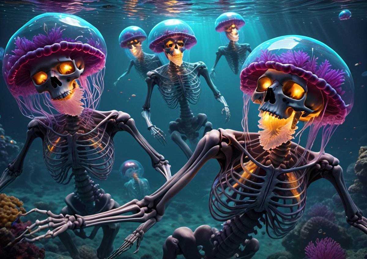 transparent skeletons swimming with jelly fish, highly detailed, psychedelic realism, dark moody colors, fantasy, surreal, octane render