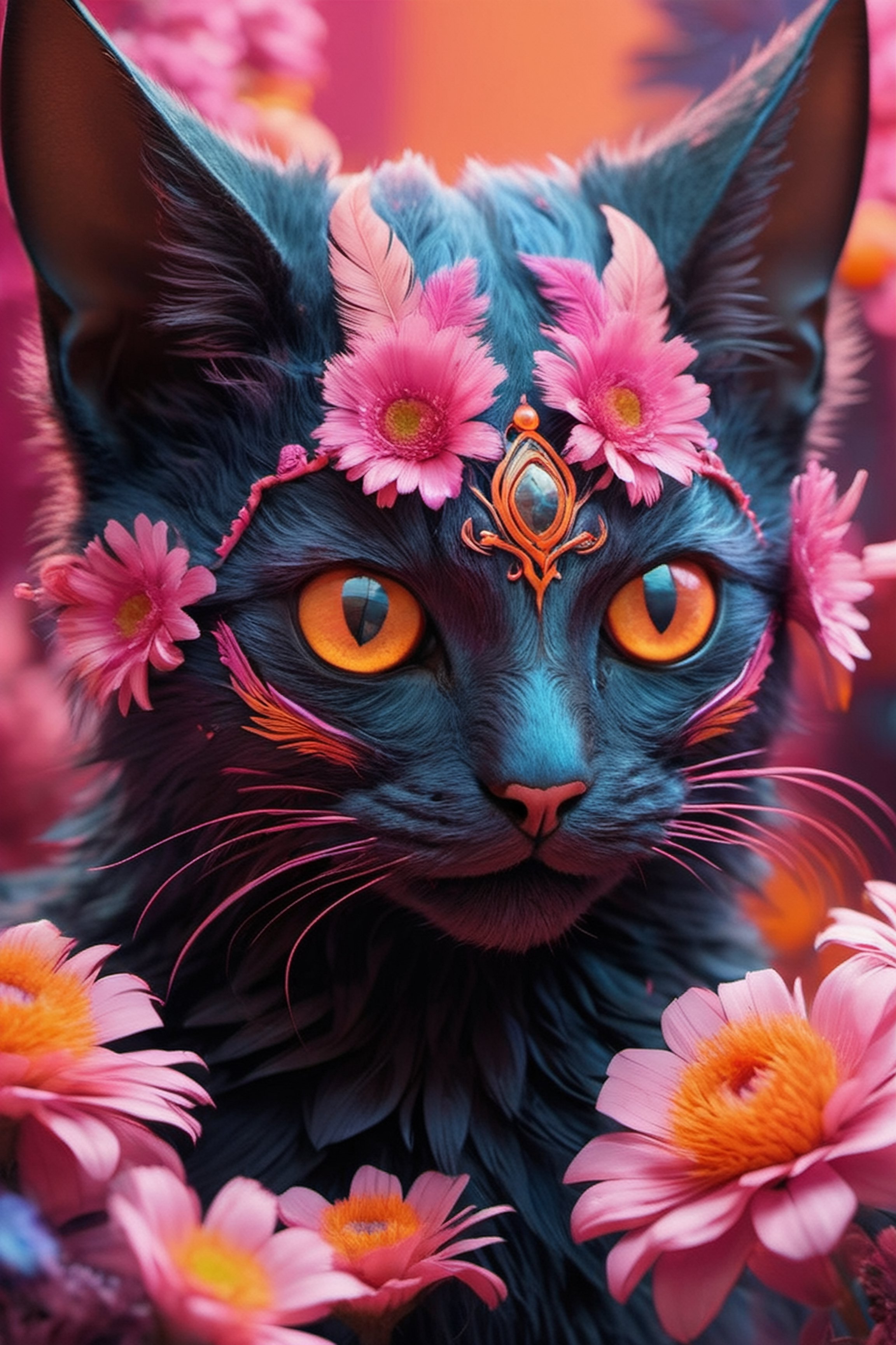 half cat half bat, beautiful, action shot, covered in neon pink and neon orange flowers and feathers, huge eyes, highly detailed, psychedelic realism, dark moody colors, fantasy, surreal, octane render