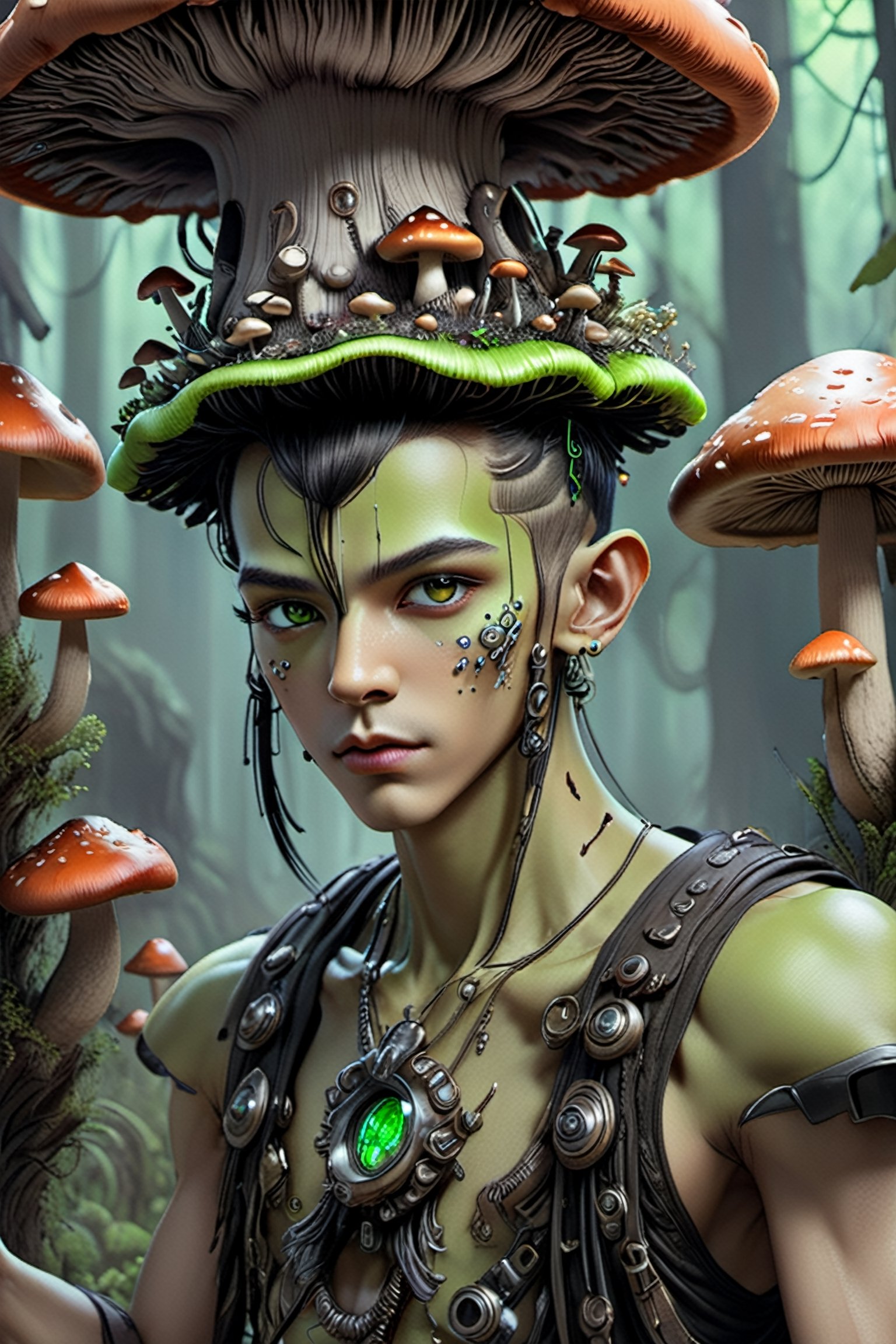 a 1990s elven goth prince wearing mushroom hat, neon green and black mohawk_(hair_style), teased hair, slim face, large eyes, thin lips, beautiful, action shot, covered in neon green and black leaves and mushrooms, highly detailed, psychedelic realism, dark moody colors, fantasy, surreal, octane render,Baby raven,cyborg style,biopunk style,DonShr00mXL ,cyborg,android,biopunk