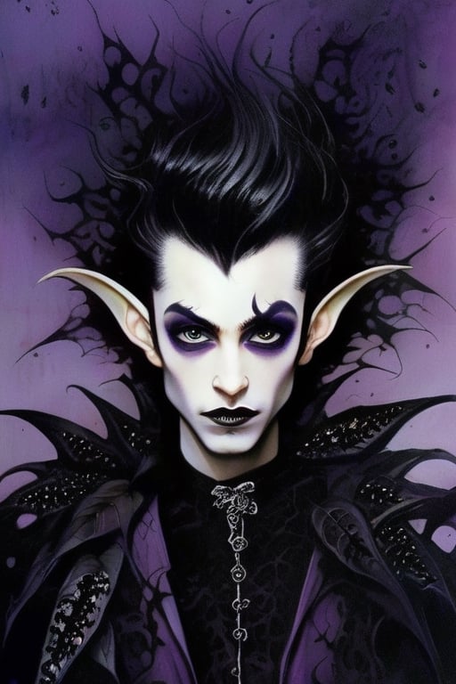 a 1990s elven goth prince with bat wings and horns,  wearing ear piercings and black lipstick,  black and purple mohawk_(hair_style),  teased hair,  slim face,  large eyes,  thin lips,  beautiful,  action shot,  covered in black and purple spiders and leaves,  psychedelic realism,  dark moody colors,  fantasy,  surreal, insanely detailed, dark vignette,DonMCyb3rN3cr0XL ,HellAI,Monster,ZilleAI,dripping paint,EpicSky,Niji Slime,Edward Gorey Style page