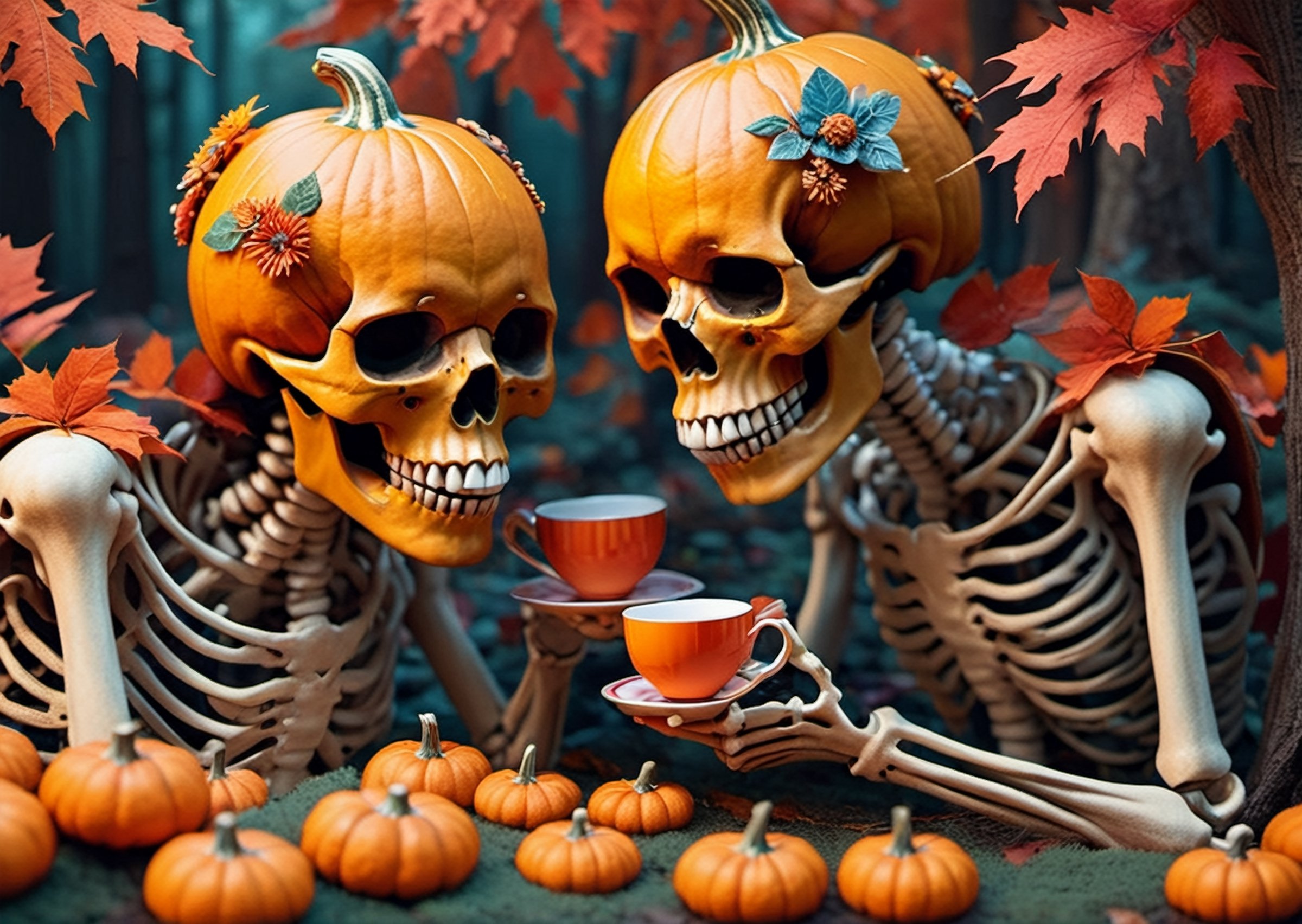 pumpkin head skeletons drinking tea, mushroom forest, covered in orange and red leaves and flowers and candy skulls, highly detailed, psychedelic realism, dark moody colors, fantasy, surreal, octane render