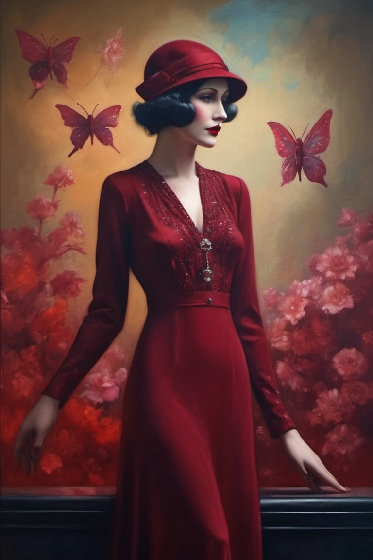 1930s dress on a mannequin, whole body shot, deep red, blood, fairies plain background, art deco, highly detailed, psychedelic realism, dark moody colors, fantasy, surreal, octane render,photo r3al,oil painting