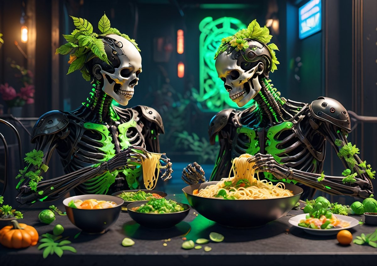 cyborg skeletons eating noodles, goth club, covered in neon green and black leaves and flowers, highly detailed, psychedelic realism, dark moody colors, fantasy, surreal, octane render