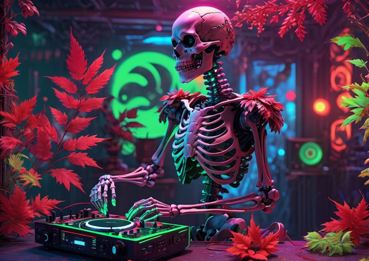 cyborg skeleton DJs dancing, goth club, covered in neon green and red leaves and flowers, highly detailed, psychedelic realism, dark moody colors, fantasy, surreal, octane render