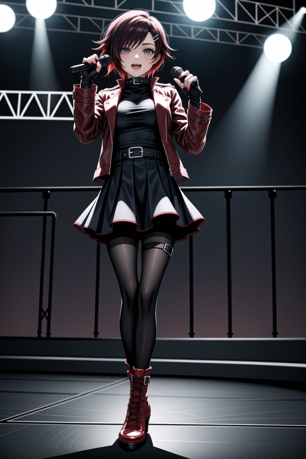 ((best quality)),  ((highly detailed)),  masterpiece,1girl, solo, smile, open mouth, skirt, shirt, hair ornament, gloves,  holding, jacket, full body, pantyhose,  boots, black gloves, hairclip, fingerless gloves, collar, two-tone hair, red hair, black jacket, plaid, black shirt, red skirt, plaid skirt, red footwear, microphone, red nails, spikes, cross-laced footwear, music, leather, holding microphone, singing, leather jacket ,(ruby rose:1.3),<lora:659111690174031528:1.0>
