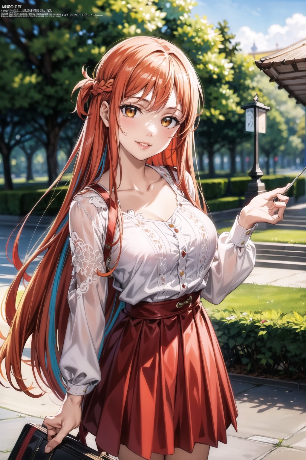 (best quality), (highly detailed), masterpiece, (official art), , aaasuna ,brown eyes, long hair, (orange hair), (multicolores hair:1.2, red hair:1.2),, smile, (lips),  white blouse,  long sleeves,  collarbone,  pleated skirt,  red skirt,  medium breast,  standing, , (park), (tree), standing (intricately detailed,  hyperdetailed),  blurry background, depth of field,  best quality,  masterpiece,  intricate details,  tonemapping,  sharp focus, hyper detailed, trending on Artstation,1 girl, solo,high res,official art, ,edgCJ
