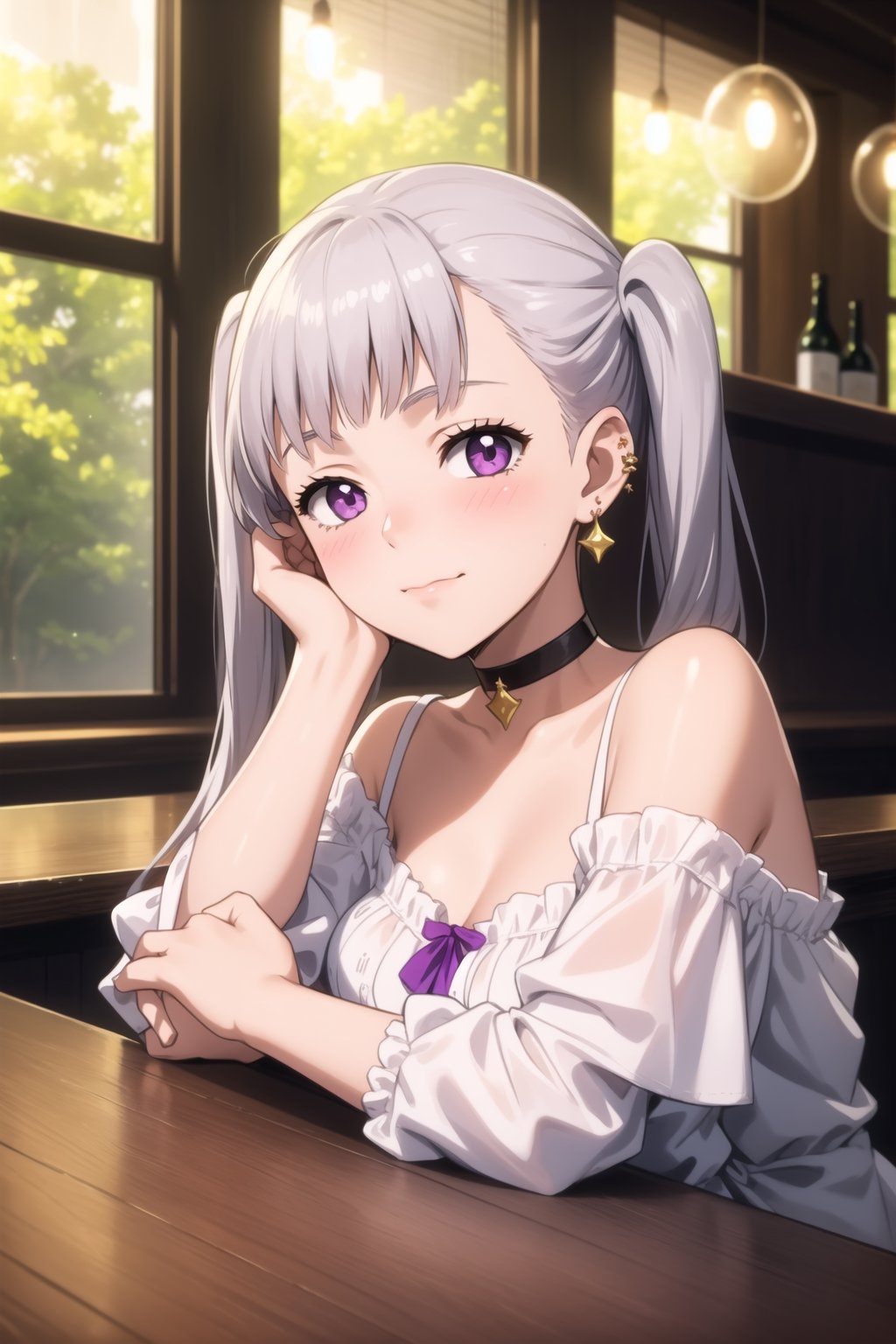 masterpiece, best quality, 1girl, looking at viewer, blush, hoop earring, choker, sitting, closed mouth,  upper body,  indoors, alcohol, window, bar, head rest, drink stack, blunt bangs, revealing dress, off shoulder, soft smile, noelle_silva, twintails, silver hair, bangs, purple eyes