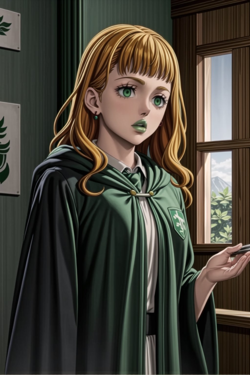 (best quality), (highly detailed), masterpiece, (official art),mimosa vermillion, orange hair, wavy hair , light green eyes, , ((hogrobe)), ((black robe,slytherin)), green tie, magic, (green lips), (lips:1.2), holding tray, tray, earrings, jewlery, expressionless, (best quality), (highly detailed), masterpiece, (official art), green eyes ,(empty eyes), green eyes,b1mb0,<lora:659111690174031528:1.0>