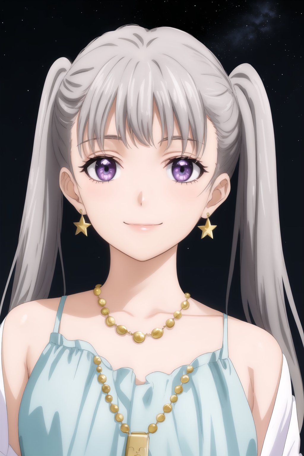 Beautiful and delicate light, (beautiful and delicate eyes), pale skin, big smile, brown eyes, black brown long hair, dreamy, c cup chest, 2000s (style), front shot, Asian girl, bangs, soft expression, height 170, elegance, bright smile, 8k art photo, realistic concept art, realistic, portrait, necklace, small earrings, handbag, fantasy, jewelry, shyness,  white_shirt, one piece dress, snowy street, footprints, stars_(sky), night_sky, ,JeeSoo , noelle_silva, purple eyes, (twintail silver hair:1.05)