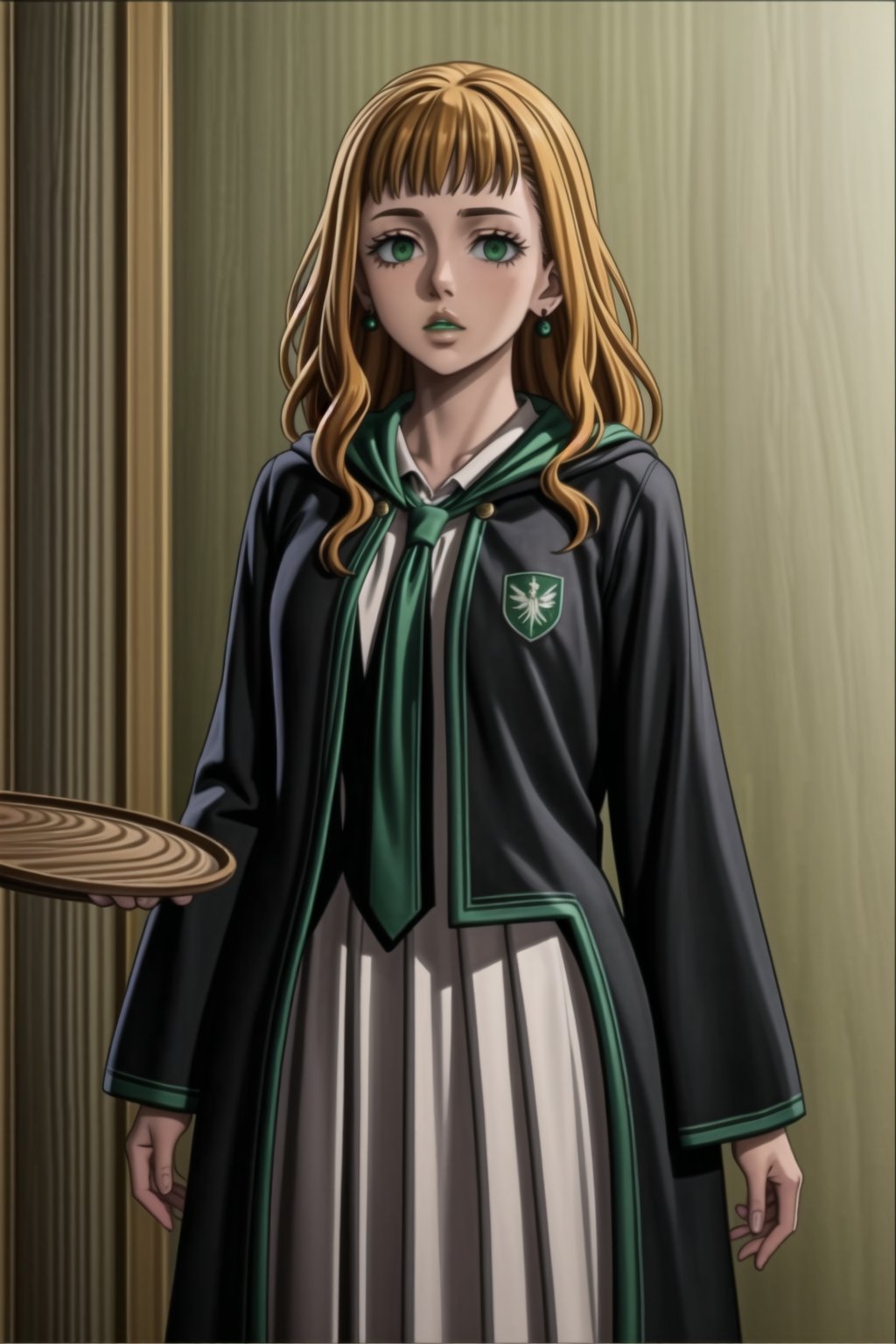 (best quality), (highly detailed), masterpiece, (official art),mimosa vermillion, orange hair, wavy hair , light green eyes, , ((hogrobe)), ((black robe,slytherin)), green tie, magic, (green lips), (lips:1.2), holding tray, tray, earrings, jewlery, expressionless, (best quality), (highly detailed), masterpiece, (official art), green eyes ,(empty eyes), green eyes,b1mb0,<lora:659111690174031528:1.0>