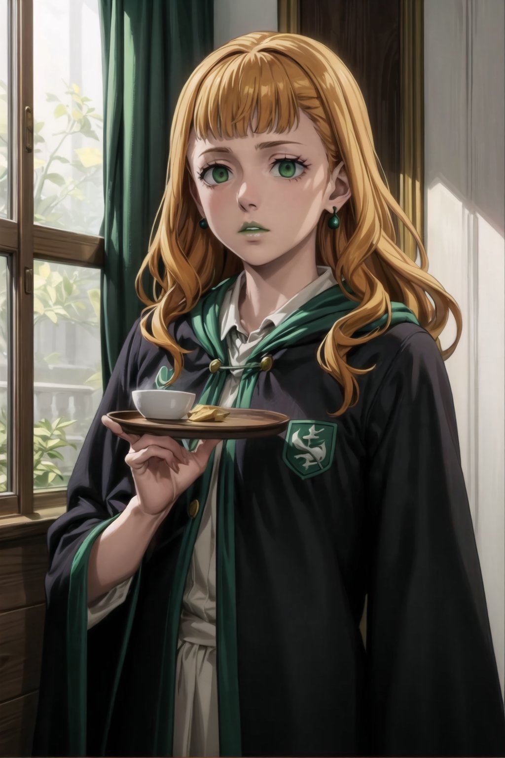 (best quality), (highly detailed), masterpiece, (official art),mimosa vermillion, orange hair, wavy hair , light green eyes, , ((hogrobe)), ((black robe,slytherin)), green tie, magic, (green lips), (lips:1.2), holding tray, tray, earrings, jewlery, expressionless, (best quality), (highly detailed), masterpiece, (official art), green eyes ,(empty eyes), green eyes