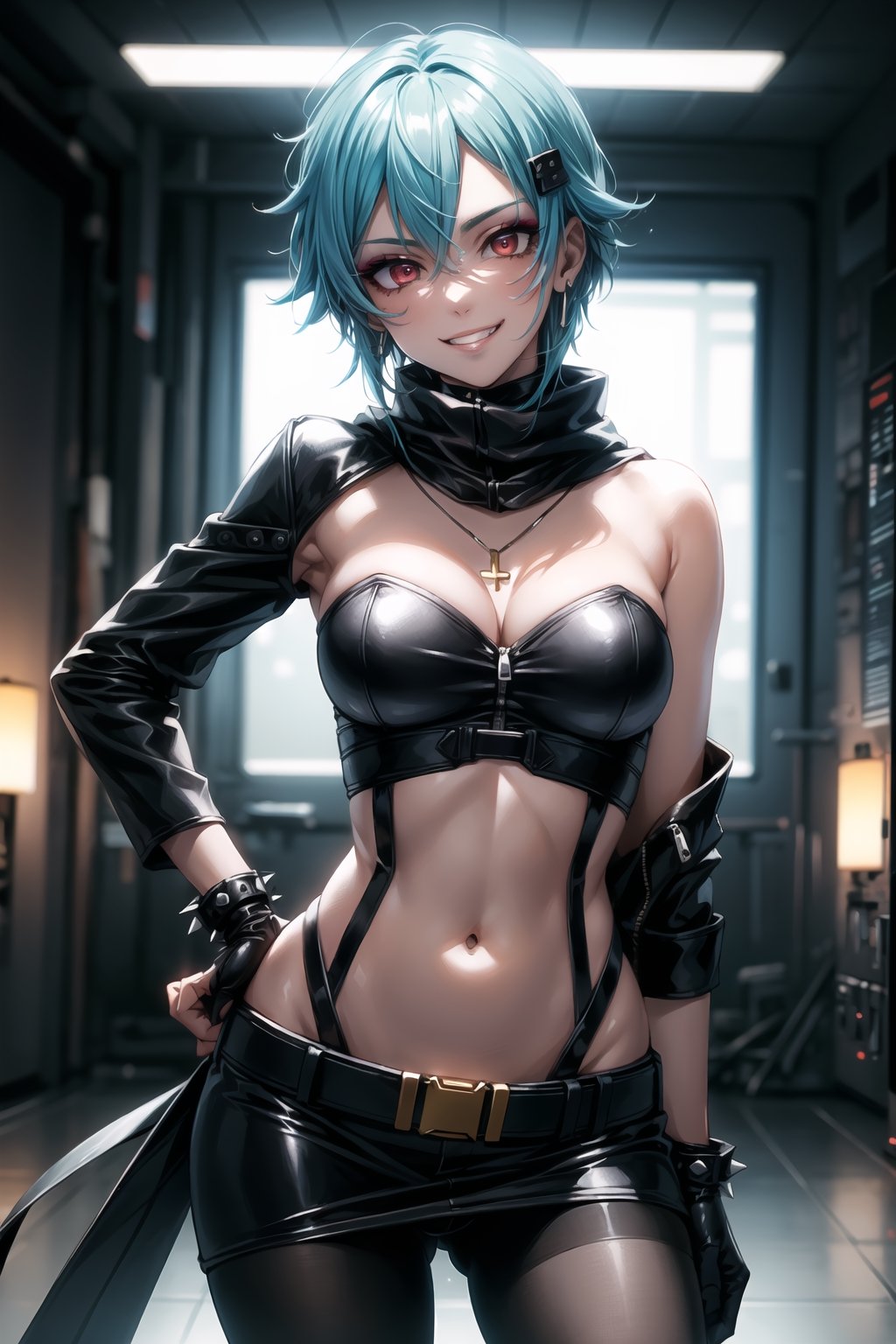 ((best quality)),  ((highly detailed)),  masterpiece,  ((official art)),  detailed face,  beautiful face,  (detailed eyes,  deep eyes),((extended_arm, gift_giving, front_view, gesture)),(science fiction, cyberpunk, room, dark background),((smirk, grin, naughty face, seductive smile, smug, arm behind head, hand_on_own_hip, head_tilt)),, ,cowboy shot,(lips), ,sinon1,  hair ornament,  hairclip,  cyberpunk,,  (red eyes),  cross-laced clothes, (spiked bracelet), necklace, corset, bustier, hoop earring, curvaceous, voluptuous body, navel, (makeup:1.3) (lips:1.3), (latex), (black top), (black tube top:1.2), gloves, fingerless gloves, jacket, skirt, black choker, black leather jacket, (dark jacket), belt, pencil skirt, pantyhose, open jacket, miniskirt, (black skirt), black gloves, black legwear, black choker, medium breast, conspicuous elegance, snobby, upper class elitist, possesses an arroaant charm. her Dresence commands attention and enw, (intricately detailed, hyperdetailed), blurry background, depth of field, best quality, masterpiece, intricate details, tonemapping, sharp focus, hyper detailed, trending on Artstation, 1 girl, solo, high res, official art, scarf