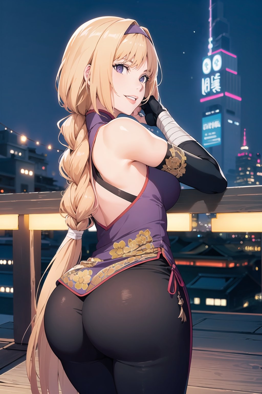 (best quality), (highly detailed), masterpiece, (official art),sumire kakei, posing, ass, from behind, looking back, lips, (blonde hair), smile, ((long hair)), (( ninja,  chinese dress)), elbow gloves, bandages, black pants, looking at viewer, city, night, sky, (intricately detailed, hyperdetailed), blurry background,depth of field, best quality, masterpiece, intricate details, tonemapping, sharp focus, hyper detailed, trending on Artstation,1 girl, high res, official art,b1mb0