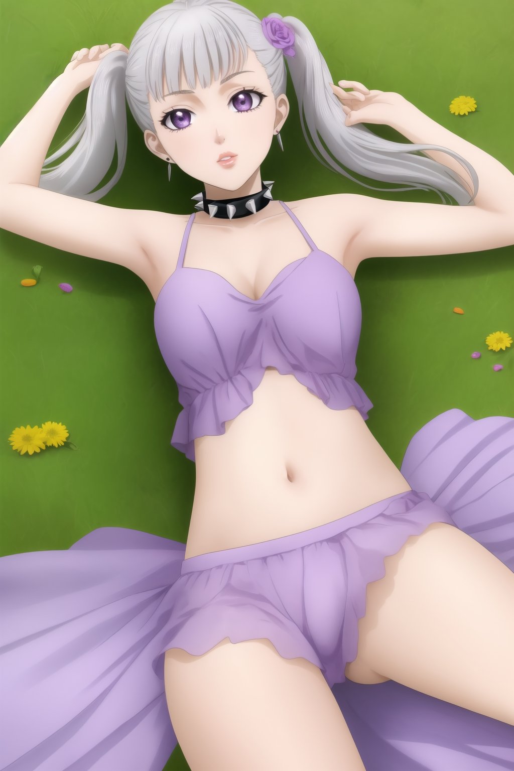 masterpiece, best quality, highres,Sexy, ((spiked collar)) noelle_silva, dreamy purple eyes, earrings, with astounding soft skin and soft pale body, body covered in noelles flowers, (twintail silver hair:1.05), sensual look, looking at you, lips, lying on a field of noelles, fulll body, frontal view, strange fashion Women'sday_theme (Professional illustration)
