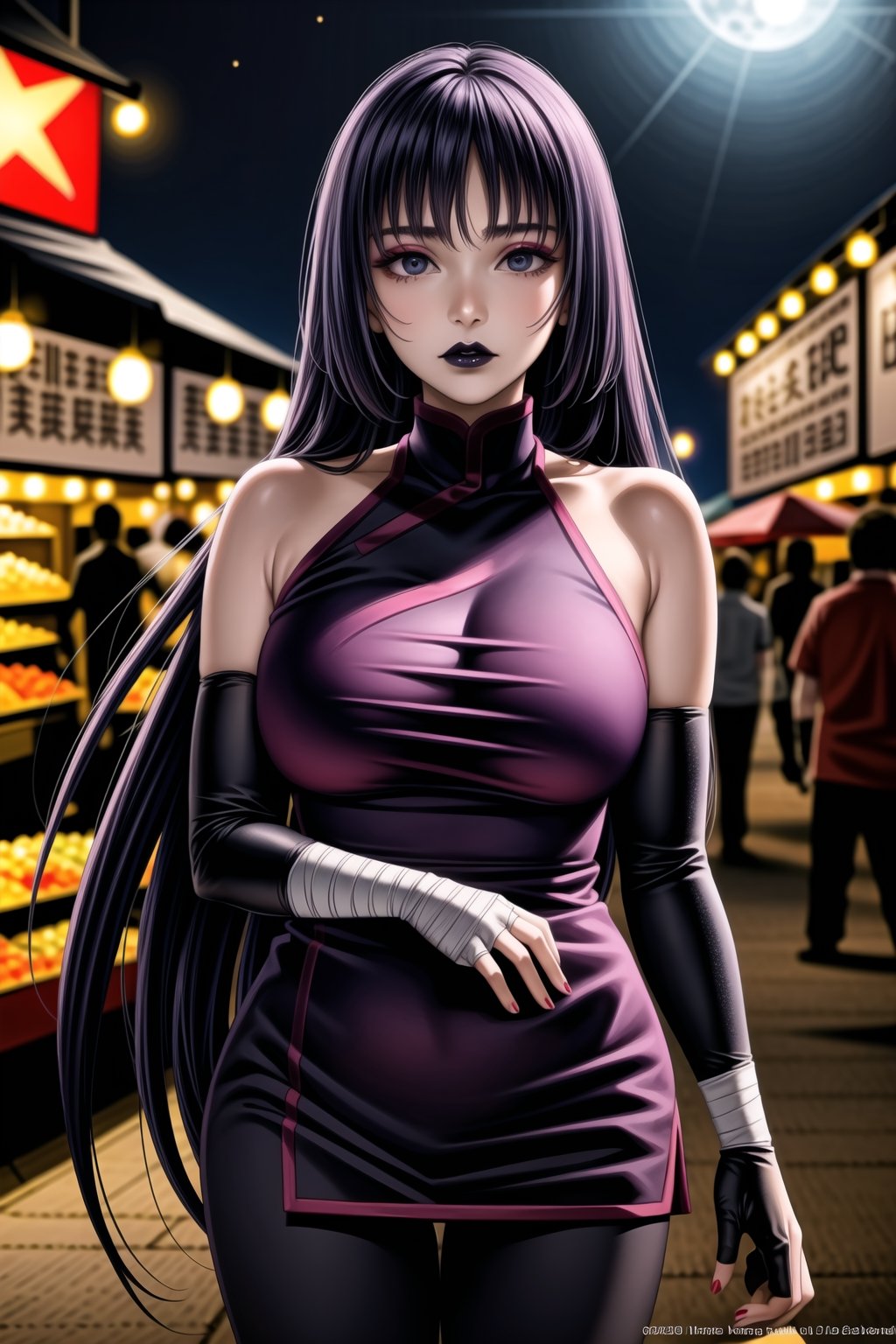 ((best quality)),  ((highly detailed)),  masterpiece,  ((official art)),  detailed face,  beautiful face, (black lips:1.4), (lips)  (detailed eyes,  deep eyes),(market, outdoor, lamp, chinese market. food, food market, people background, nigth, moon, space, star) ,cowboy shot, ,high society,  expressionless, parted_lips, (eida:1.3, long hair, multicolored hair) , (lips),(makeup:1.4), nail polish, bare shoulders,(purple dress), ((((ninja, elbow gloves, bandages, black pants)))),curvaceous,  voluptuous body, (large breast:1.2),  (intricately detailed, hyperdetailed), blurry background, depth of field, best quality, masterpiece, intricate details, tonemapping, sharp focus, hyper detailed, trending on Artstation, 1 girl, solo, high res, official art,StandingAtAttention,,<lora:659111690174031528:1.0>
