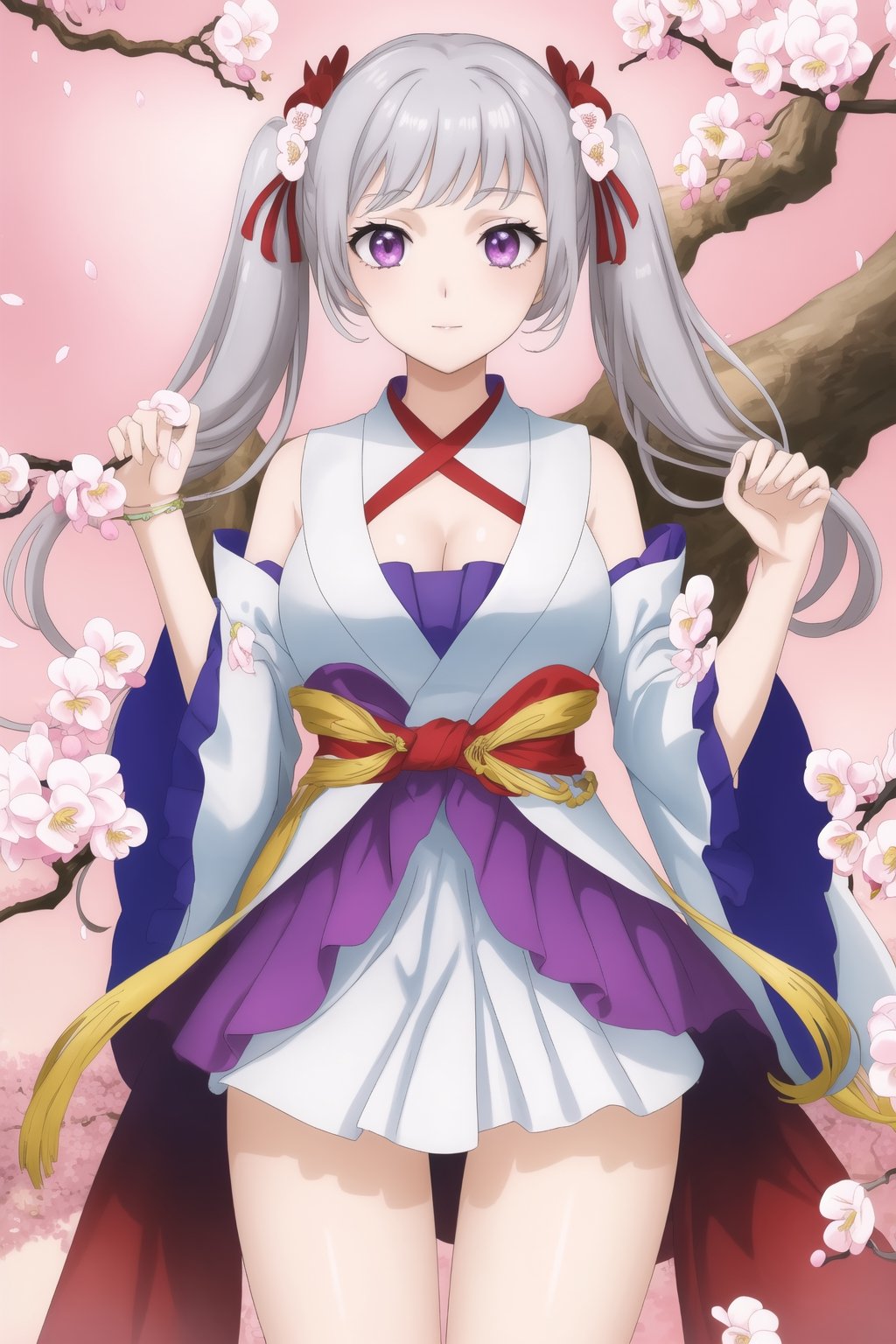 (masterpiece, top quality, best quality, official art, beautiful and aesthetic:1.2), (1girl), extreme detailed,(abstract, fractal art:1.3),highest detailed, detailed_eyes, light_particles, hanfu,jewelry, sexy, ,red,cherry blossom,The left hand's orchid fingers pinch a branch blooming with cherry blossoms,The right hand's orchid fingers lightly pinch the left sleeve, noelle_silva, purple eyes, (twintail silver hair:1.05)