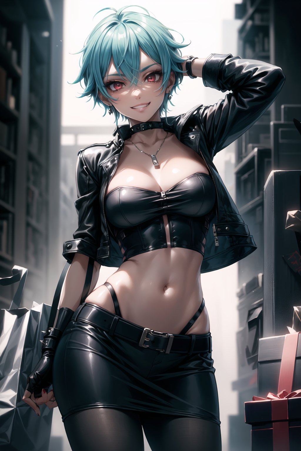 ((best quality)),  ((highly detailed)),  masterpiece,  ((official art)),  detailed face,  beautiful face,  (detailed eyes,  deep eyes),((extended_arm, presenting_gift, shopping_bag, gift_giving, front_view, gesture)),(science fiction, cyberpunk, room, dark background),((smirk, grin, naughty face, seductive smile, smug, arm behind head, hand_on_own_hip, head_tilt)),, ,cowboy shot,(lips), ,sinon1, short hair with long locks, hair between eyes, sidelocks,,  (red eyes),  cross-laced clothes, (spiked bracelet), necklace, corset, bustier, hoop earring, curvaceous, voluptuous body, navel, (makeup:1.3) (lips:1.3), (latex), (black top), (black tube top:1.2), gloves, fingerless gloves, jacket, skirt, black choker, black leather jacket, (dark jacket), belt, pencil skirt, pantyhose, open jacket, miniskirt, (black skirt), black gloves, black legwear, black choker, medium breast, conspicuous elegance, snobby, upper class elitist, possesses an arroaant charm. her Dresence commands attention and enw, (intricately detailed, hyperdetailed), blurry background, depth of field, best quality, masterpiece, intricate details, tonemapping, sharp focus, hyper detailed, trending on Artstation, 1 girl, solo, high res, official art,