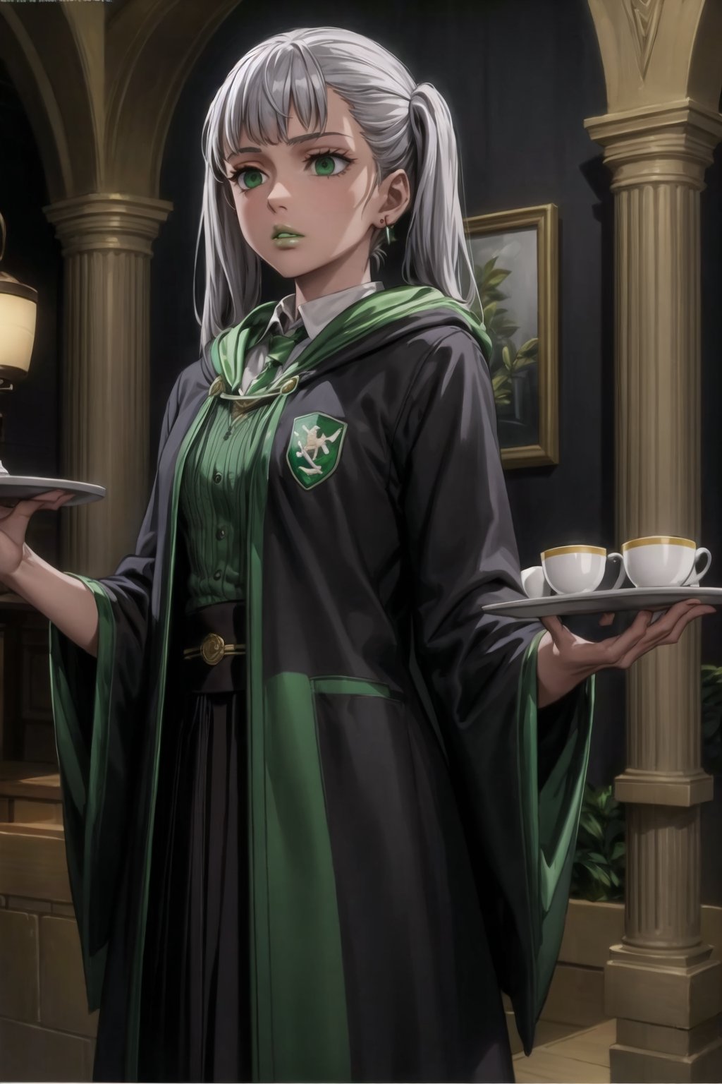(best quality), (highly detailed), masterpiece, (official art),noelle_silva, twintails, bangs, silver hair , light green eyes, , ((hogrobe)), ((black robe,slytherin)), green tie, magic, (green lips), (lips:1.2), holding tray, tray, earrings, jewlery, expressionless, (best quality), (highly detailed), masterpiece, (official art), green eyes ,(empty eyes)