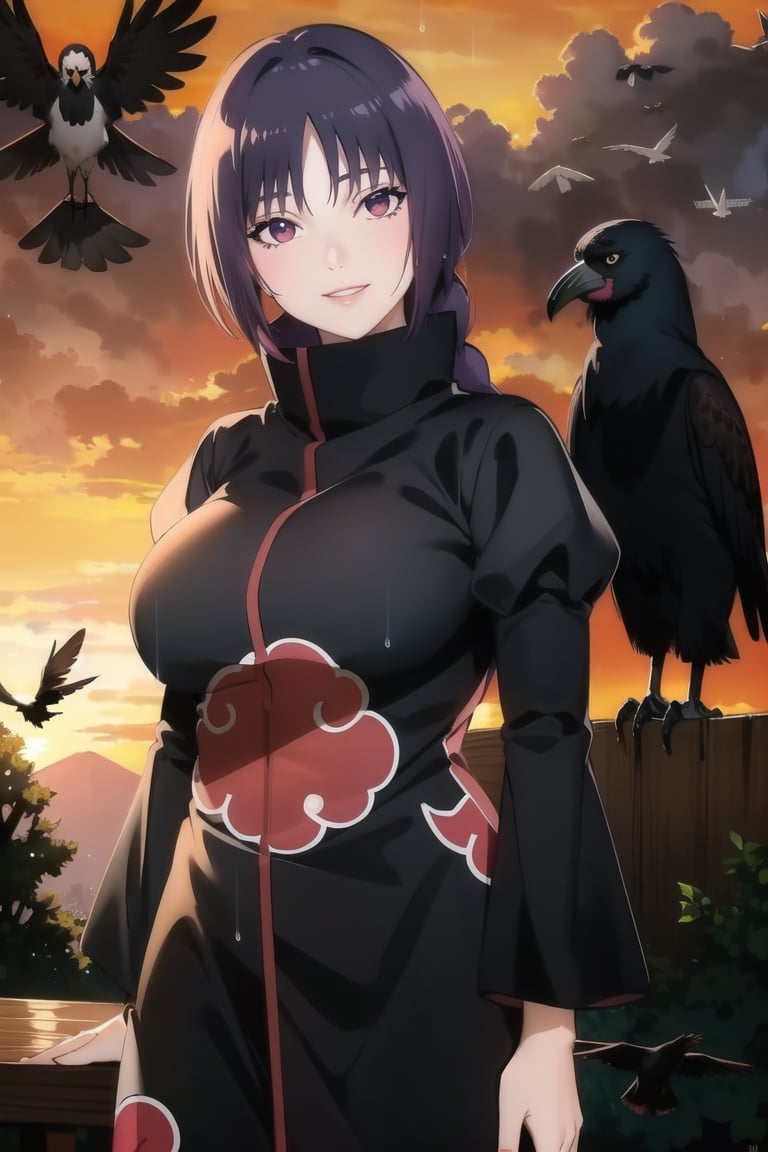 anime, hdr, soft light, ((best quality)), ((masterpiece)), (detailed),  sumire kakei, single braid, purple hair, puple eyes, makeup, head tilt, smile, (lips), (akatsuki outfit:1.1), (puffy_sleeves:1.2), ((juliet_sleeves)),large breast, high neck, high_collar, black dress, long sleeves, looking at viewer, village, (((crows))),sunset, rain, water drop, cloud, nature, ,akatsuki outfit, bird, crow, eagle, black feathers, sunset, orange sky, outdoors, fantasy00d,