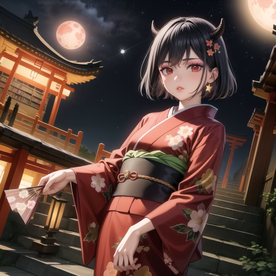 anime, hdr, soft light, ((best quality)), ((masterpiece)), (detailed), secre, red eyes, horns, short hair, black hair, blue hair, ((makeup, lips)), (holding fan), rating:safe, torii, earrings, jewelry, red eyes, multiple torii, japanese clothes, kimono, 1girl, floral print, solo, sash, bridge, east asian architecture, shrine, bookshelf, obi, architecture, sky, black hair, railing,  red sky, looking at viewer, star \(sky\), night, stairs, building, dutch angle, print kimono, lantern, night sky, pagoda, starry sky, single earring, red moon, paper lantern, red background, skyscraper, wide sleeves, outdoors, library, new year, alternate costume, moon, hair ornament, temple, 