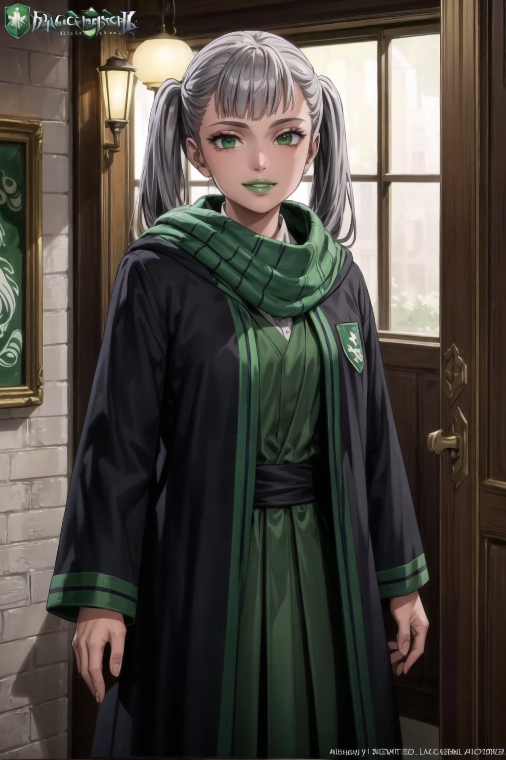 (best quality), (highly detailed), masterpiece, (official art),noelle_silva, twintails, bangs, silver hair , light green eyes, , hogrobe, (black robe,slytherin), green tie, hogscarf, magic, (green lips), (lips,evil smile), (best quality), (highly detailed), masterpiece, (official art), green eyes
