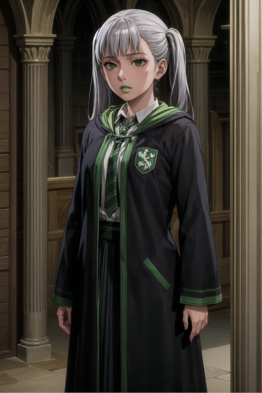 (best quality), (highly detailed), masterpiece, (official art),noelle_silva, twintails, bangs, silver hair , light green eyes, , hogrobe, (black robe,slytherin), green tie, magic, (green lips), (lips:1.2),expressionless, (best quality), (highly detailed), masterpiece, (official art), green eyes ,(empty eyes)