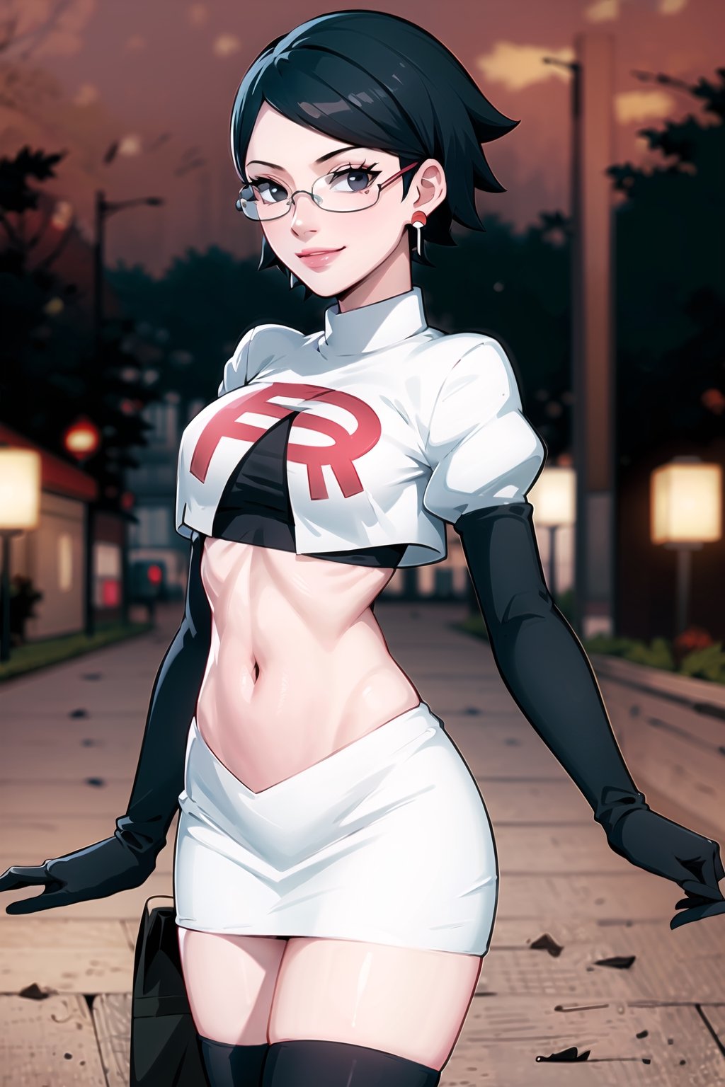 (best quality), (highly detailed), masterpiece, (official art), sarada, black eyes, jewelry, earrings , choker, glasses, swept bangs, posing, lips, smile, Team Rocket, cropped jacket, white jacket, crop top, jacket, gloves, black gloves, elbow gloves, navel, midriff, white skirt, miniskirt, skirt, thighhighs,, looking at viewer, china, asiática, city, night, sky, (intricately detailed, hyperdetailed), blurry background,depth of field, best quality, masterpiece, intricate details, tonemapping, sharp focus, hyper detailed, trending on Artstation,1 girl, high res, official art,sarada