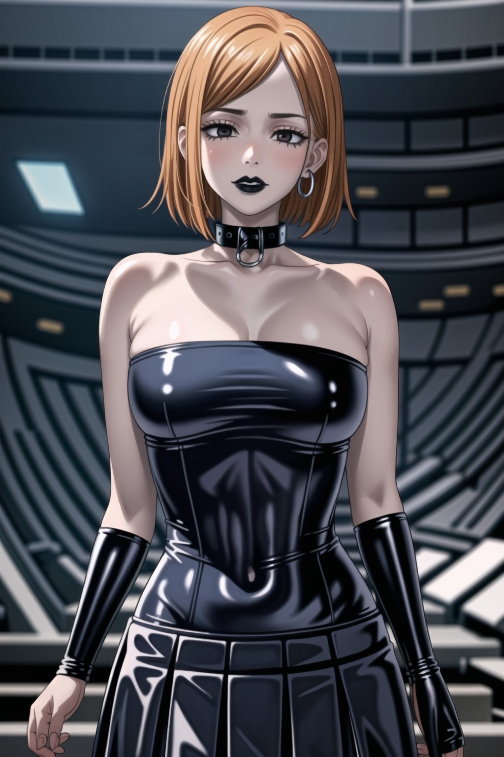 ((best quality)), ((highly detailed)), masterpiece, (Black lips:1.4), ((official art)), detailed face, beautiful face, nobara kugisaki, brown hair, Orange hair, black eyes,(lips), 1girl, solo,  looking at viewer, earrings, jewelry, blush, collarbone, jewlery, ((miniskirt)),(latex:1.4), navel, (black tank top), ((strapless:1.2)), pleated skirt, ,  (intricately detailed, hyperdetailed), blurry background, depth of field, best quality, masterpiece, intricate details, tonemapping, sharp focus, hyper detailed, trending on Artstation, 1 girl, solo, high res, official art ,collar,b1mb0,StandingAtAttention,empty 
eyes,RockOfSuccubus,,<lora:659111690174031528:1.0>