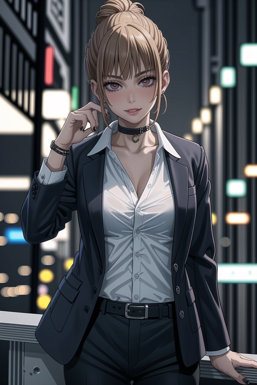 ((best quality)),  ((highly detailed)),  masterpiece,1girl, 1girl, (lips:1.2), seductive smile, smirk, naughty_face,nail polish, solo,   black pants,  formal,  black jacket,  open jacket,  (white shirt),  belt, ,  black jacket, (black suit),  long sleeves,  shirt tucked in,, (black choker), blush, earrings, black nails, looking at viewer, standing, cowboy shot, fingernails,  bar,outdoor,lamp,nigth,space, alcohol, sexy pose:1.2, purple nails, wristband ,Nanako,  brown hair,  brown eyes, jewelry, hair bun, single hair bun,  gyaru,<lora:659111690174031528:1.0>