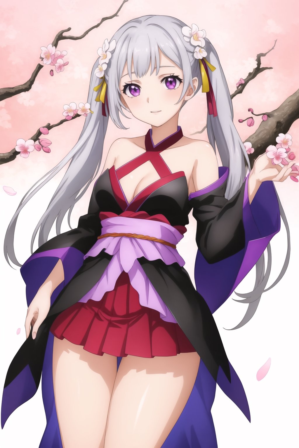 (masterpiece, top quality, best quality, official art, beautiful and aesthetic:1.2), (1girl), extreme detailed,(abstract, fractal art:1.3),highest detailed, detailed_eyes, light_particles, hanfu,jewelry, sexy, ,red,cherry blossom,The left hand's orchid fingers pinch a branch blooming with cherry blossoms,The right hand's orchid fingers lightly pinch the left sleeve, noelle_silva, purple eyes, (twintail silver hair:1.05)