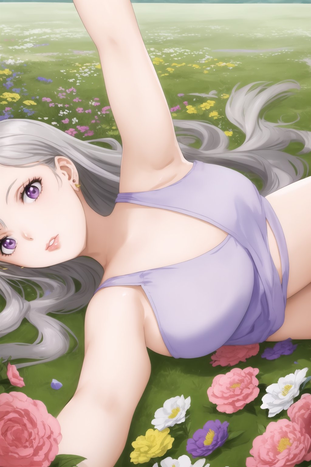 masterpiece, best quality, highres,Sexy, noelle_silva, dreamy purple eyes, earrings, with astounding soft skin and soft pale body, body covered in noelles flowers, (long silver wavy hair flowing around her until mid-thigs:1.05), sensual look, looking at you, lips, lying on a field of noelles, fulll body, frontal view, strange fashion Women'sday_theme (Professional illustration)