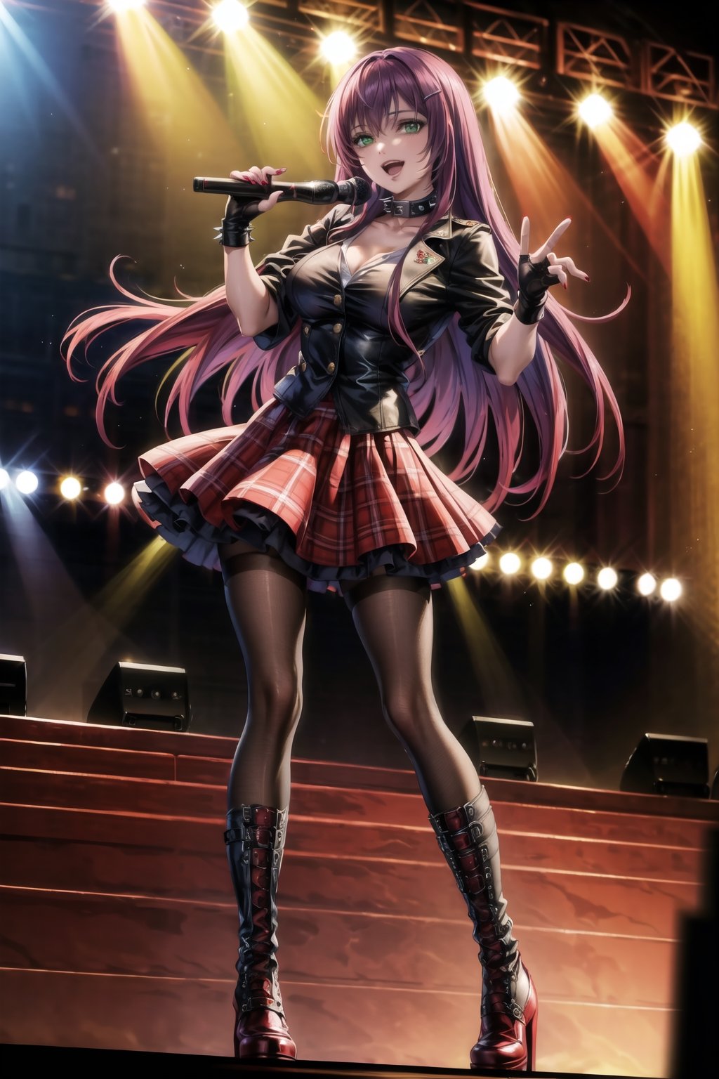 ((best quality)),  ((highly detailed)),  masterpiece,1girl, solo, smile, open mouth, skirt, shirt, hair ornament, gloves,  holding, jacket, stage, pantyhose,  boots, black gloves, hairclip, fingerless gloves, collar, two-tone hair, red hair, black jacket, plaid, black shirt, red skirt, plaid skirt, red footwear, microphone, red nails, spikes, cross-laced footwear, music, leather, holding microphone, singing, leather jacket ,(sasha, long hair, purple hair, green eyes),RockOfSuccubus