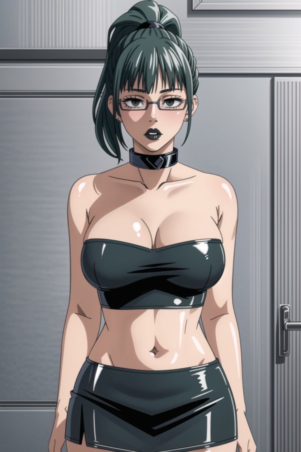 zenin_maki, green hair, ponytail, glasses, bangs, black eyes,(Black lips:1.3, lips), 1girl, solo,  looking at viewer, earrings, jewelry, blush, collarbone, jewlery, ((miniskirt)),(latex:1.4), navel, (black tank top), ((strapless:1.2)), pleated skirt, , hd quality, perfect face ,collar,b1mb0,StandingAtAttention,empty eyes,,<lora:659111690174031528:1.0>