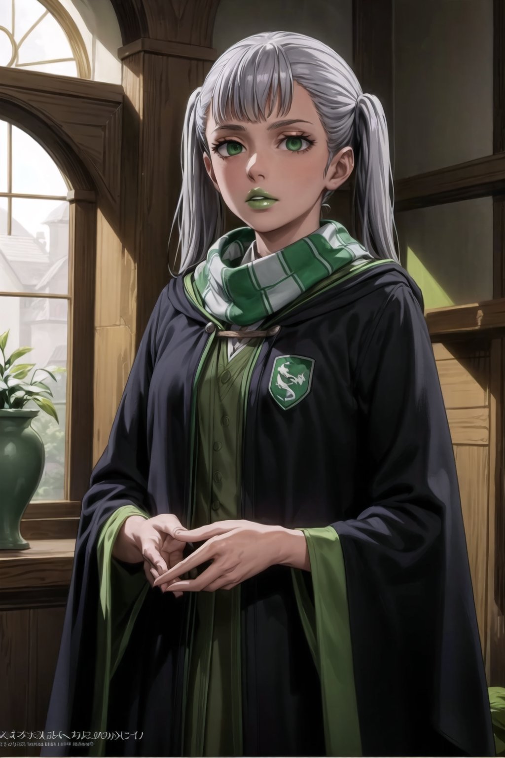 (best quality), (highly detailed), masterpiece, (official art),noelle_silva, twintails, bangs, silver hair , light green eyes, , hogrobe, (black robe,slytherin), green tie, hogscarf, magic, (green lips), (lips), (best quality), (highly detailed), masterpiece, (official art), green eyes
,(empty eyes)