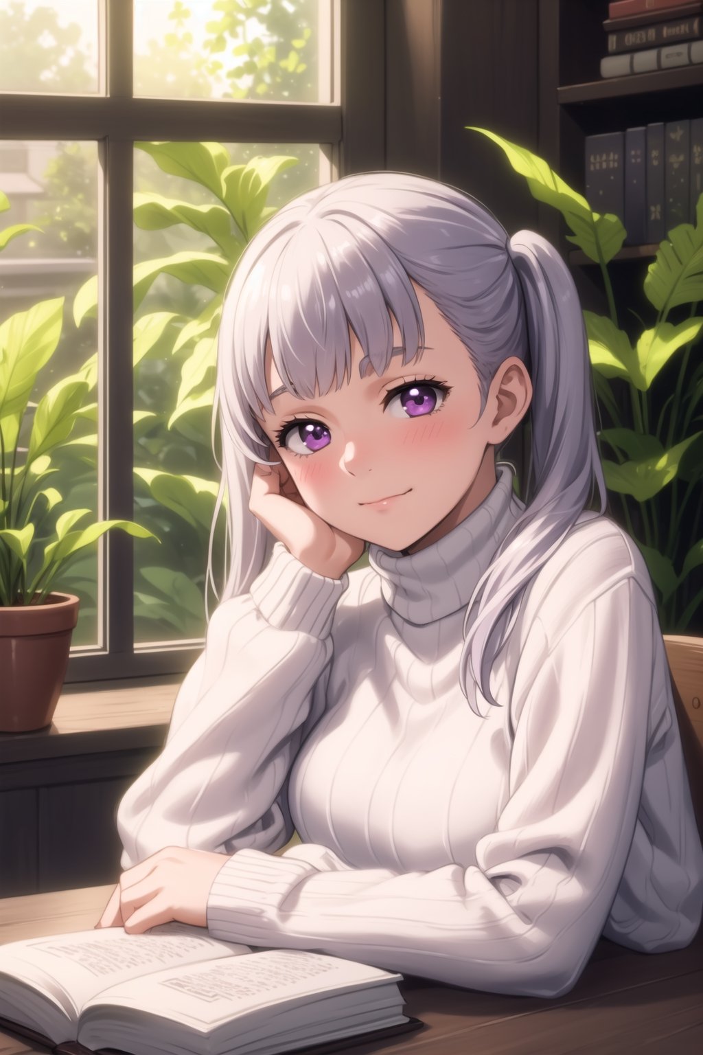 masterpiece, best quality, 1girl, looking at viewer, blush, long sleeves, sitting, closed mouth,  upper body,  indoors, book, window, plant, head rest, book stack, blunt bangs, sweater, soft smile, noelle_silva, twintails, silver hair, bangs, purple eyes