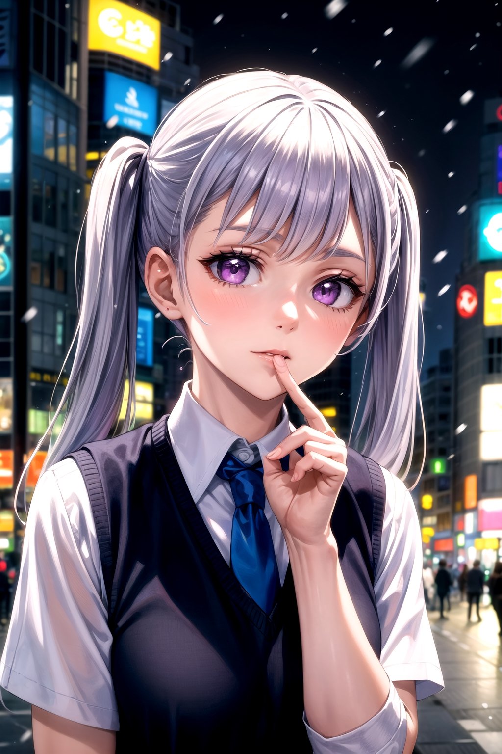 //Quality,
(masterpiece), (best quality), 8k illustration, wallpaper
,//Character,
1girl, solo
,//Fashion,
,//Background,
buildings, city, outdoors, sidewalk, japanese city, shibuya, night, nighttime, detailed_background, depth_of_field, lens flare, misty, foggy
,//Others,
noelle_silva, purple eyes, (twintail silver hair:1.05), white shirt, sweater vest, black vest, blue necktie, upper body, portrait, bush, looking at viewer, beautiful lighting, light on face, akane, facing the light, falling_snow, snowing, ,masterpiece, dark, hand to own mouth, fingernails,