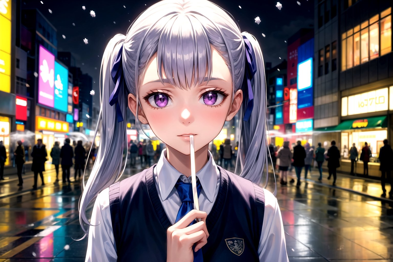 //Quality,
(masterpiece), (best quality), 8k illustration, wallpaper
,//Character,
1girl, solo
,//Fashion,
,//Background,
buildings, city, outdoors, sidewalk, japanese city, shibuya, night, nighttime, detailed_background, depth_of_field, lens flare, misty, foggy
,//Others,
noelle_silva, purple eyes, (twintail silver hair:1.05), white shirt, sweater vest, black vest, blue necktie, upper body, portrait, bush, looking at viewer, beautiful lighting, light on face, akane, facing the light, falling_snow, snowing, ,masterpiece, dark, hand to own mouth, fingernails,