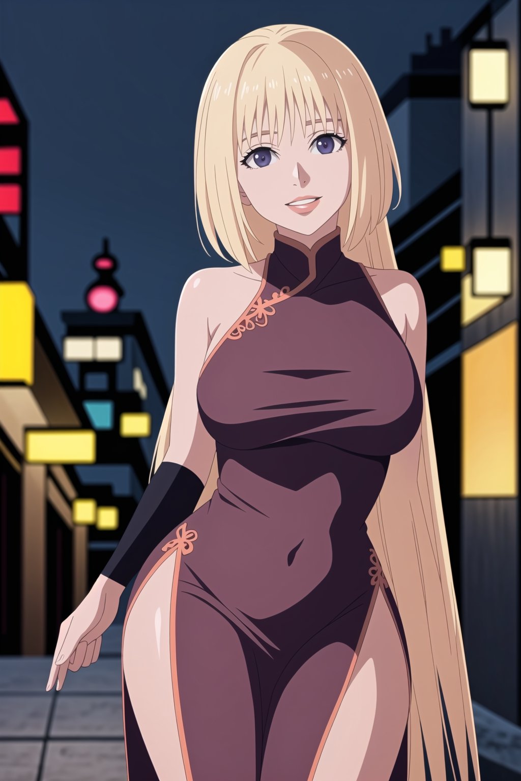 (best quality), (highly detailed), masterpiece, (official art),sumire kakei, posing, lips, (blonde hair), smile, ((long hair)), ((chinese dress, revealing dress, red dress)), elbow gloves,  latex:1.2, looking at viewer, city, night, sky, (intricately detailed, hyperdetailed), blurry background,depth of field, best quality, masterpiece, intricate details, tonemapping, sharp focus, hyper detailed, trending on Artstation,1 girl, high res, official art,b1mb0,<lora:659111690174031528:1.0>