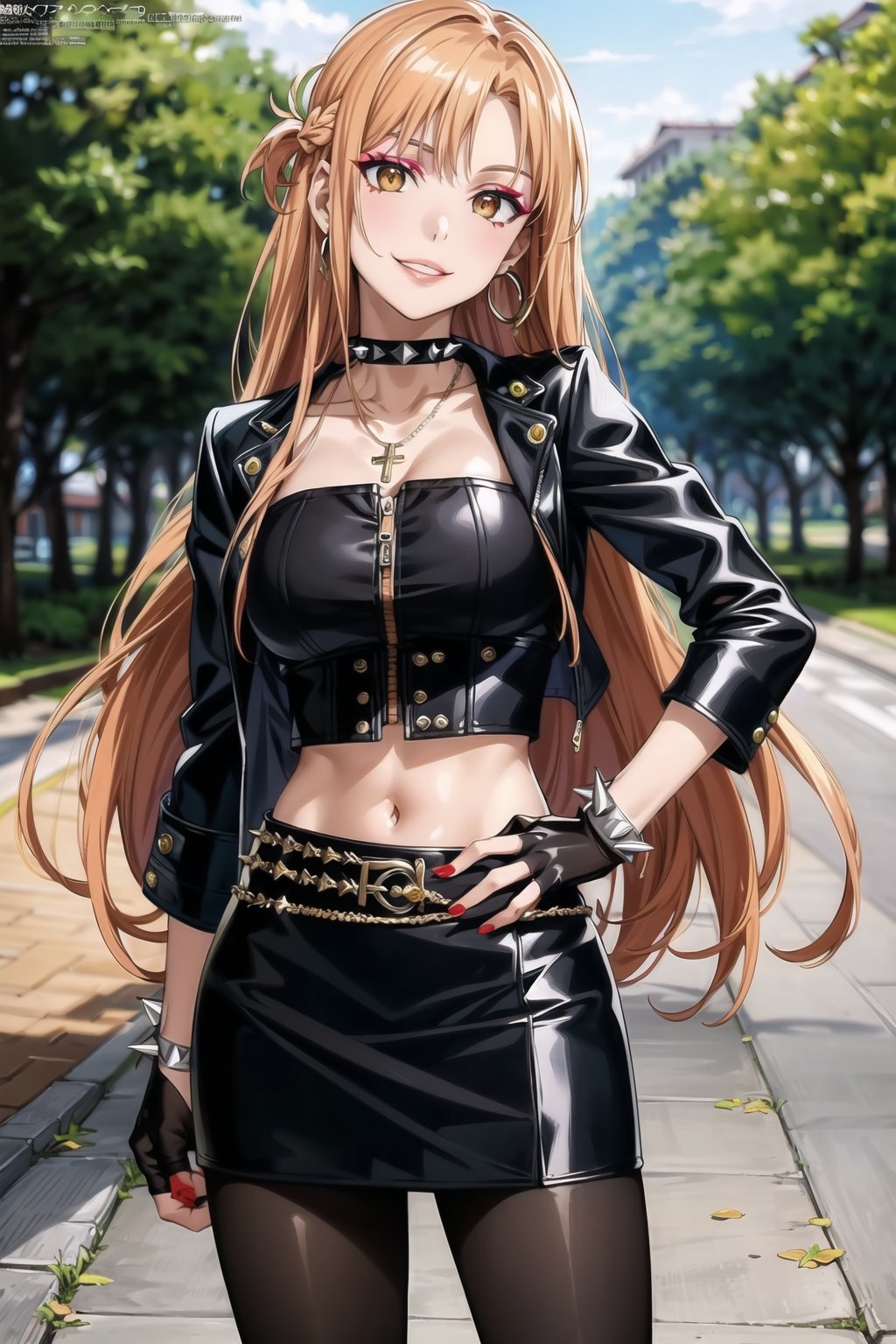 (best quality), (highly detailed), masterpiece, (official art), , aaasuna ,brown eyes, long hair, (orange hair), (multicolores hair:1.2, red hair:1.2), smirk, grin, smile, cross-laced clothes,  (spiked bracelet),  necklace, corset,  bustier, park,  hoop earring, hand on hip ,navel, (makeup:1.3) (lips:1.3),  (seductive pose:1.2), (latex), (black top),  (black tube top:1.2), gloves,  fingerless gloves, ((jacket)),  skirt,  black choker,  black leather jacket,  (dark jacket), belt,  pencil skirt,  pantyhose,  open jacket,  miniskirt,  (black skirt),  black gloves,  black legwear,  black choker,  medium breast,  standing, , (park), (tree), standing (intricately detailed,  hyperdetailed),  blurry background, depth of field,  best quality,  masterpiece,  intricate details,  tonemapping,  sharp focus, hyper detailed, trending on Artstation,1 girl, solo,high res,official art, ,edgCJ