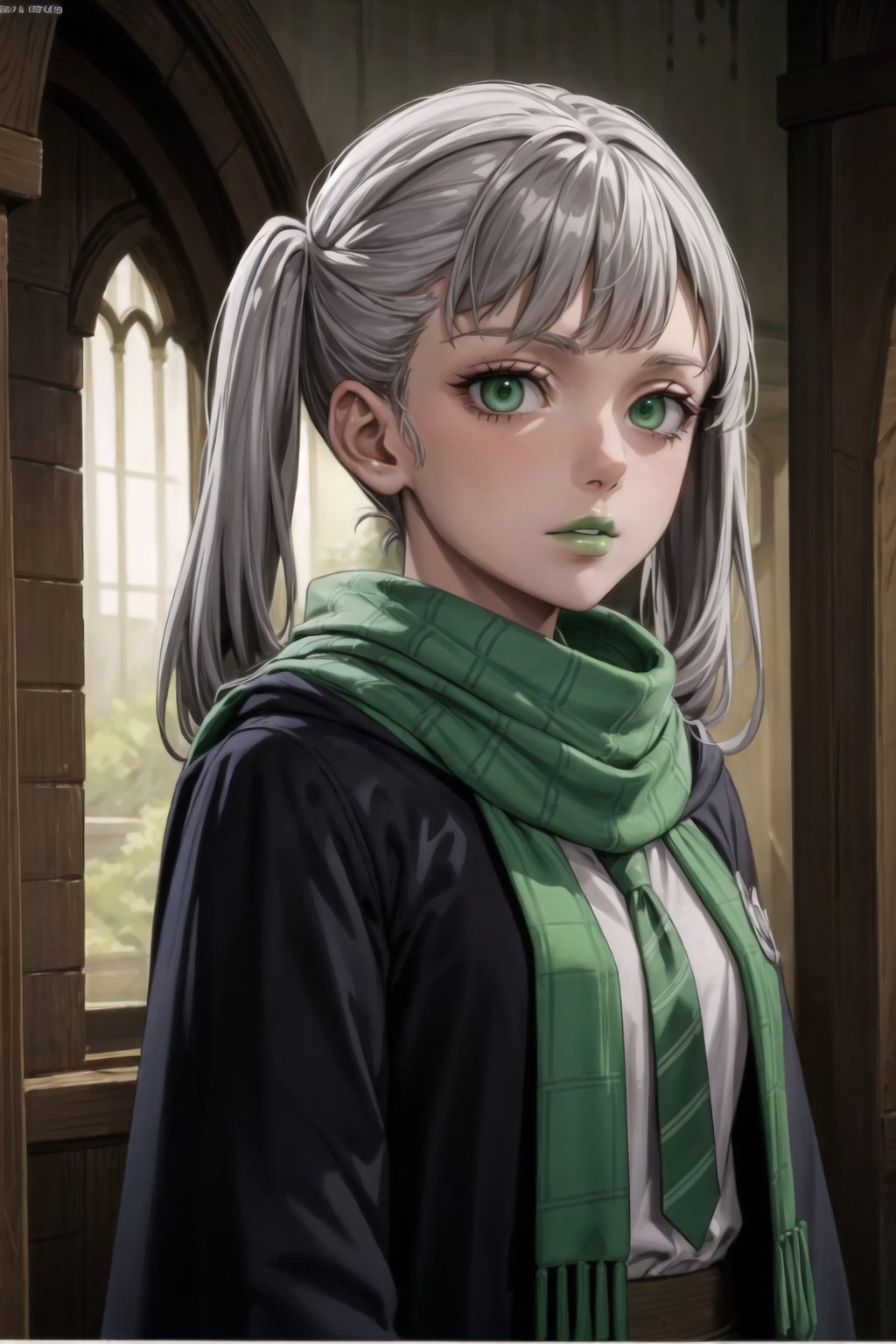 (best quality), (highly detailed), masterpiece, (official art),noelle_silva, twintails, bangs, silver hair , light green eyes, , hogrobe, (black robe,slytherin), green tie, hogscarf, magic, (green lips), (lips:1.2),expressionless, (best quality), (highly detailed), masterpiece, (official art), green eyes ,(empty eyes)